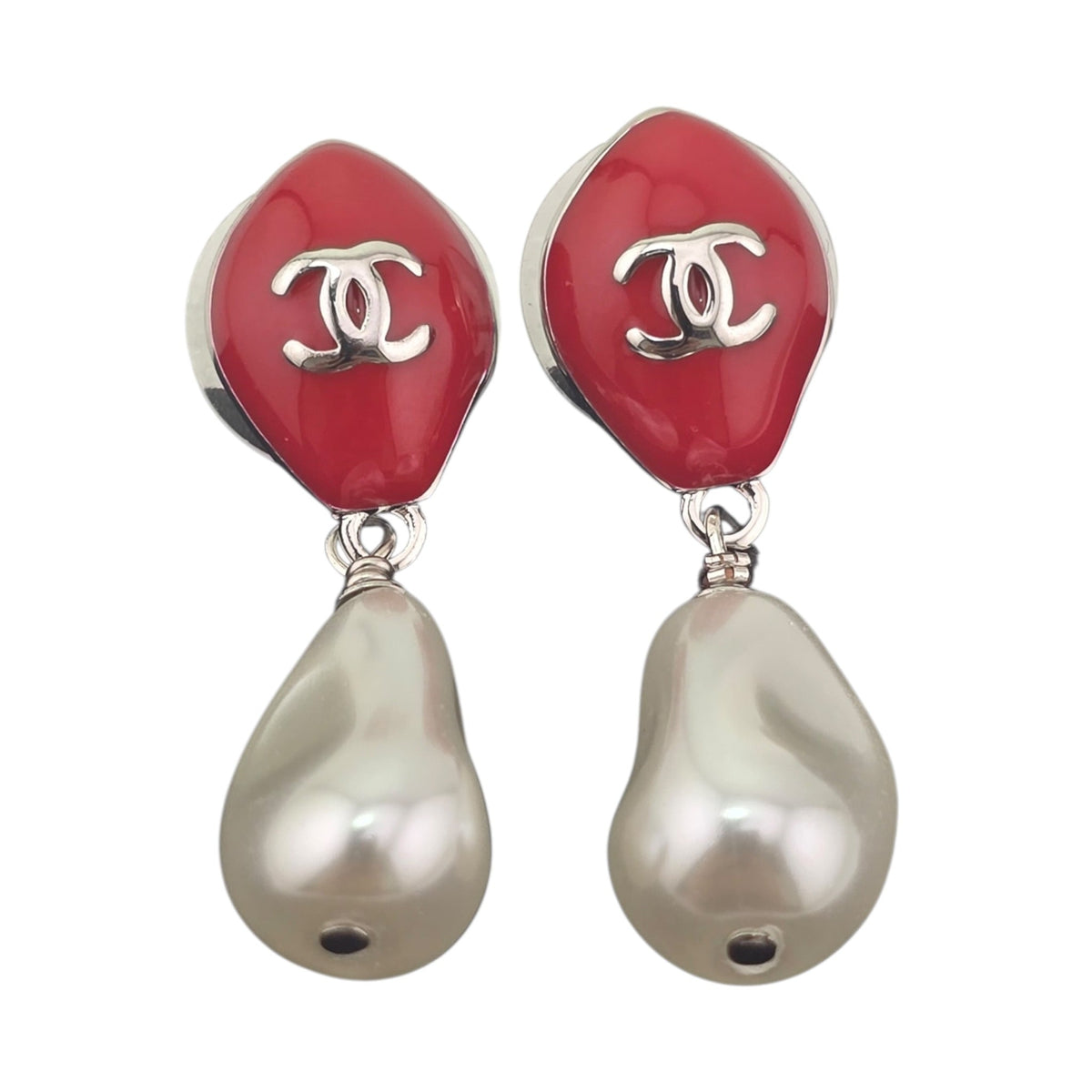 Chanel CC Red Silver Drop Earrings 2026 CHANEL