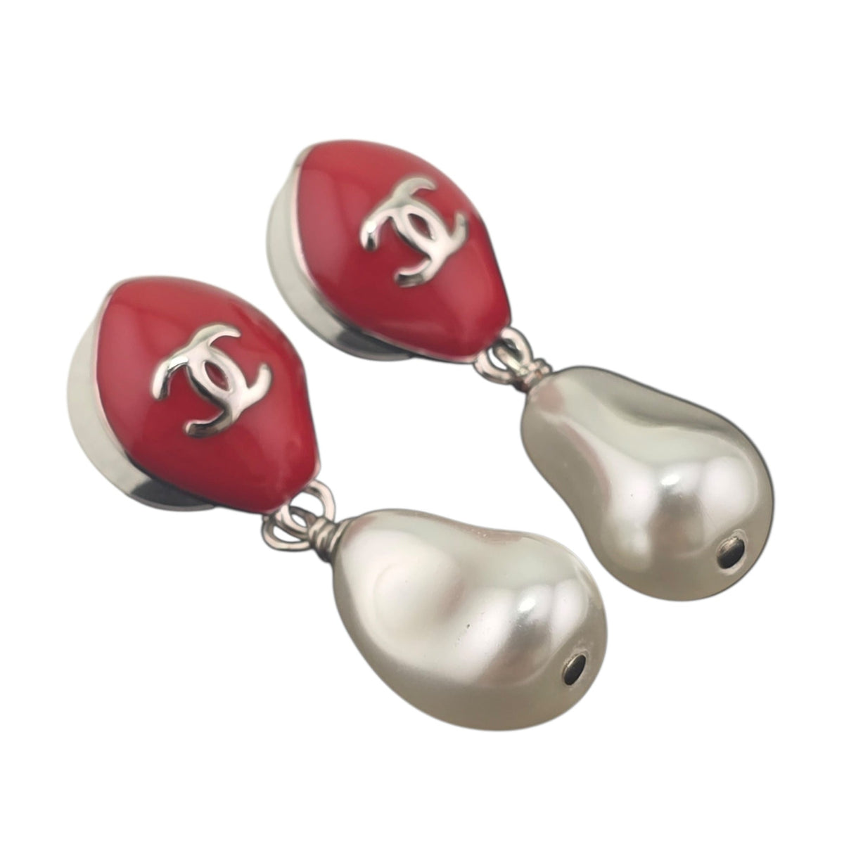 Chanel CC Red Silver Drop Earrings 2026 CHANEL