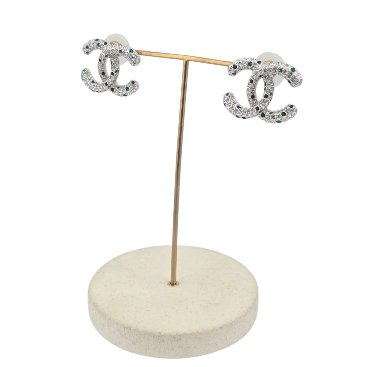 Chanel CC Silver Stud Green Crystal Earrings 2026 CHANEL