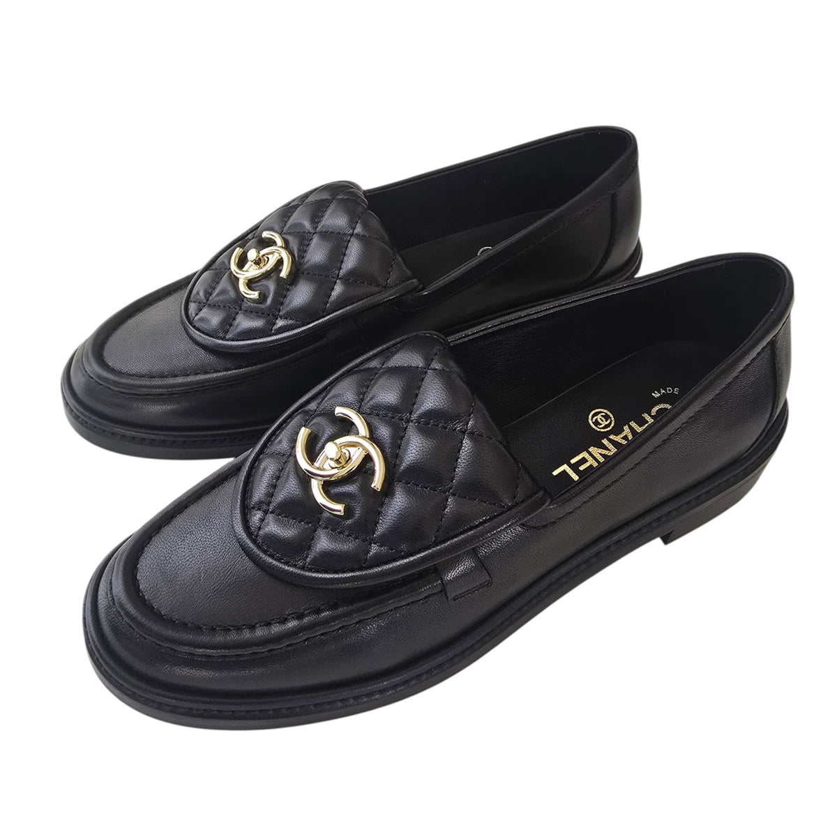 Chanel CC Lambskin Quilted Black Turnlock Loafers 39 CHANEL