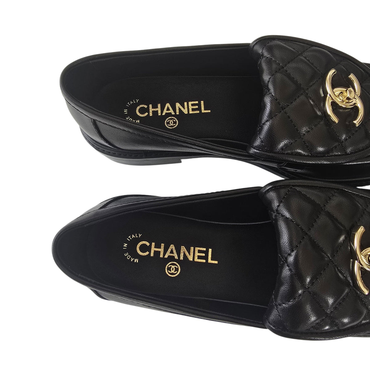 Chanel CC Lambskin Quilted Black Turnlock Loafers 39 CHANEL