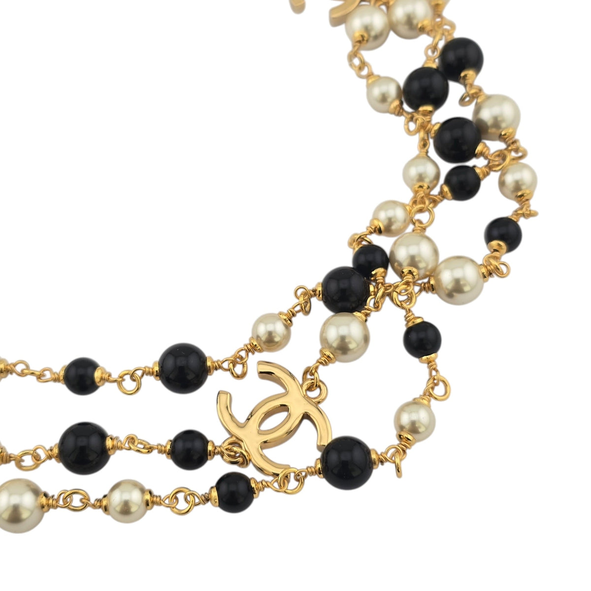Chanel CC Long Faux Pearl White Black Gold Necklace 2025 CHANEL