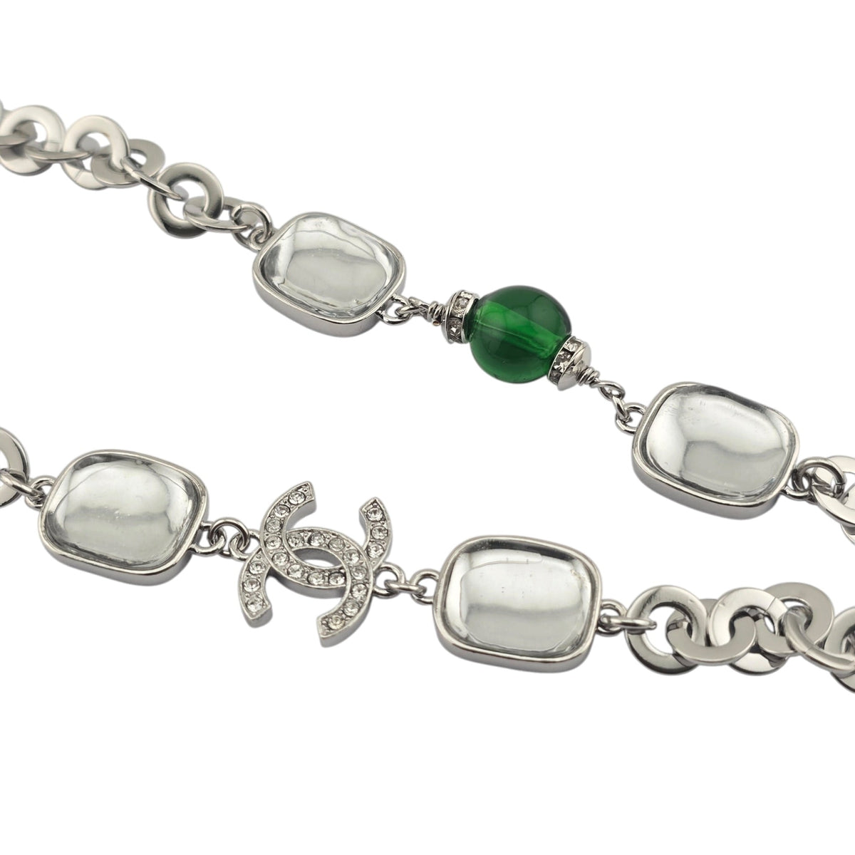 Chanel CC Silver Green Crystal Necklace 2026 CHANEL