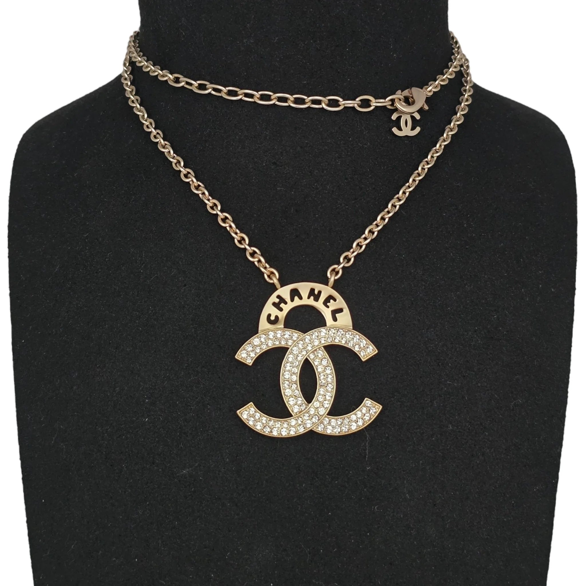 Chanel Crystal CC Logo Necklace Gold CHANEL