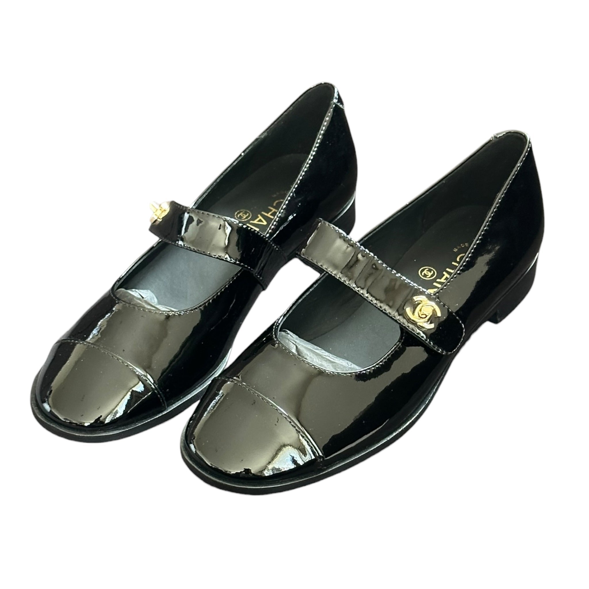 Chanel Patent Calfskin Mary Janes Flats 39 Black CHANEL