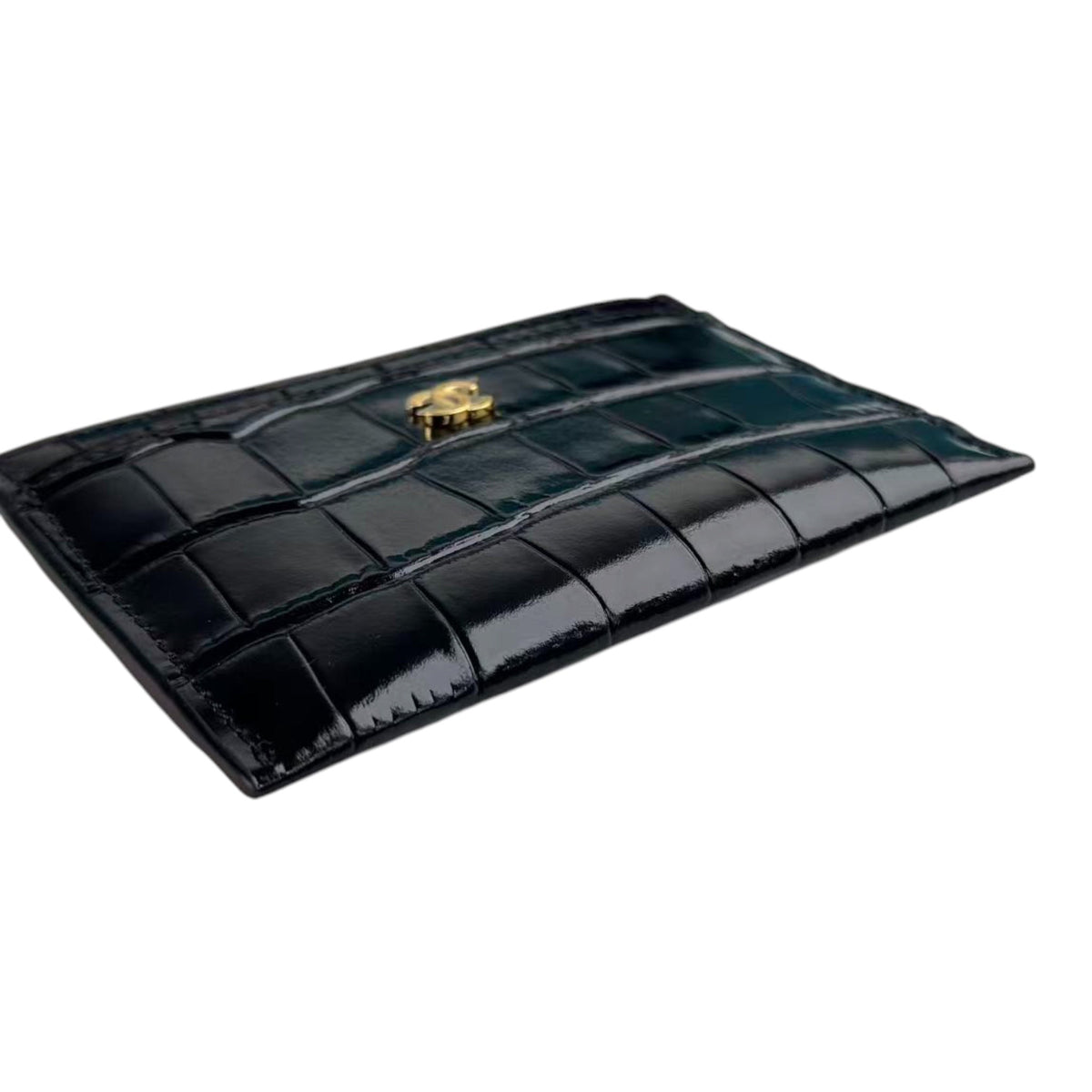 Chanel CC Calfskin Crocodile Embossed Card Holder Black GHW CHANEL