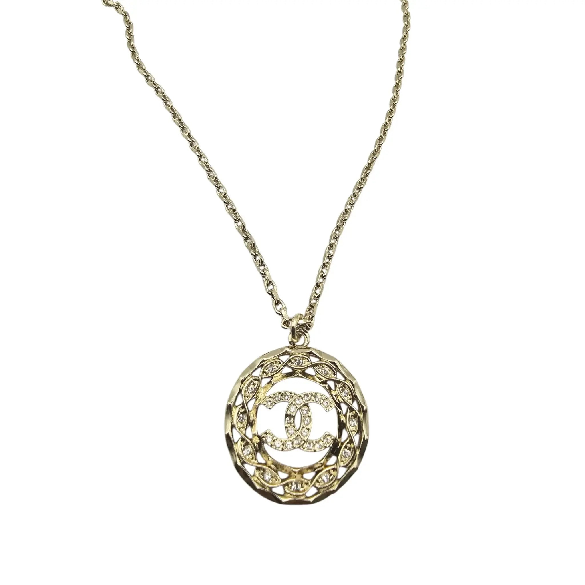 Chanel CC Gold Round Crystal Pendant Necklace 2024 CHANEL
