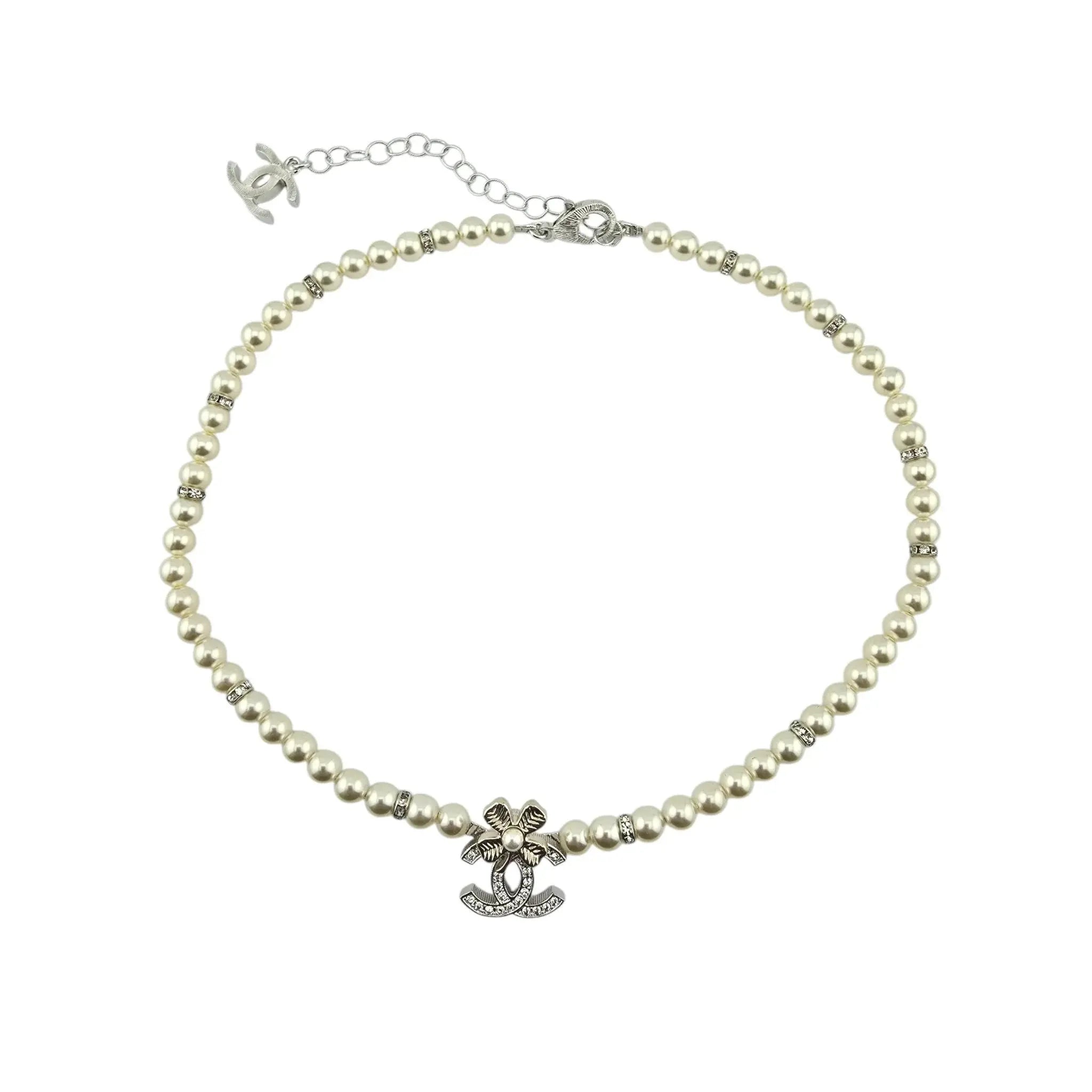Chanel Pearl Necklace with Crystal CC Logo and Floral Detail 2024 CHANEL