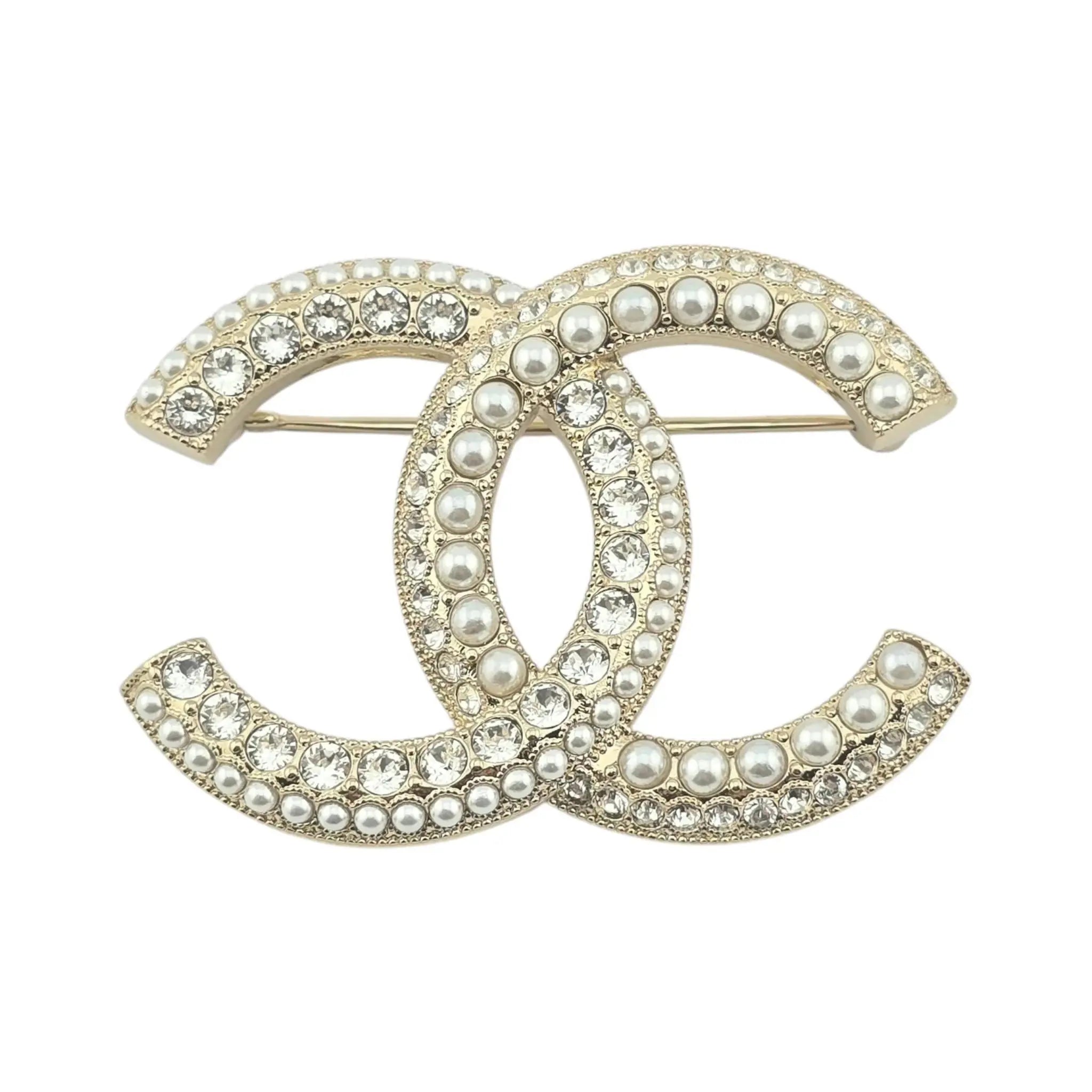 Chanel CC Gold Crystals Faux Pearl Brooch 2022 CHANEL