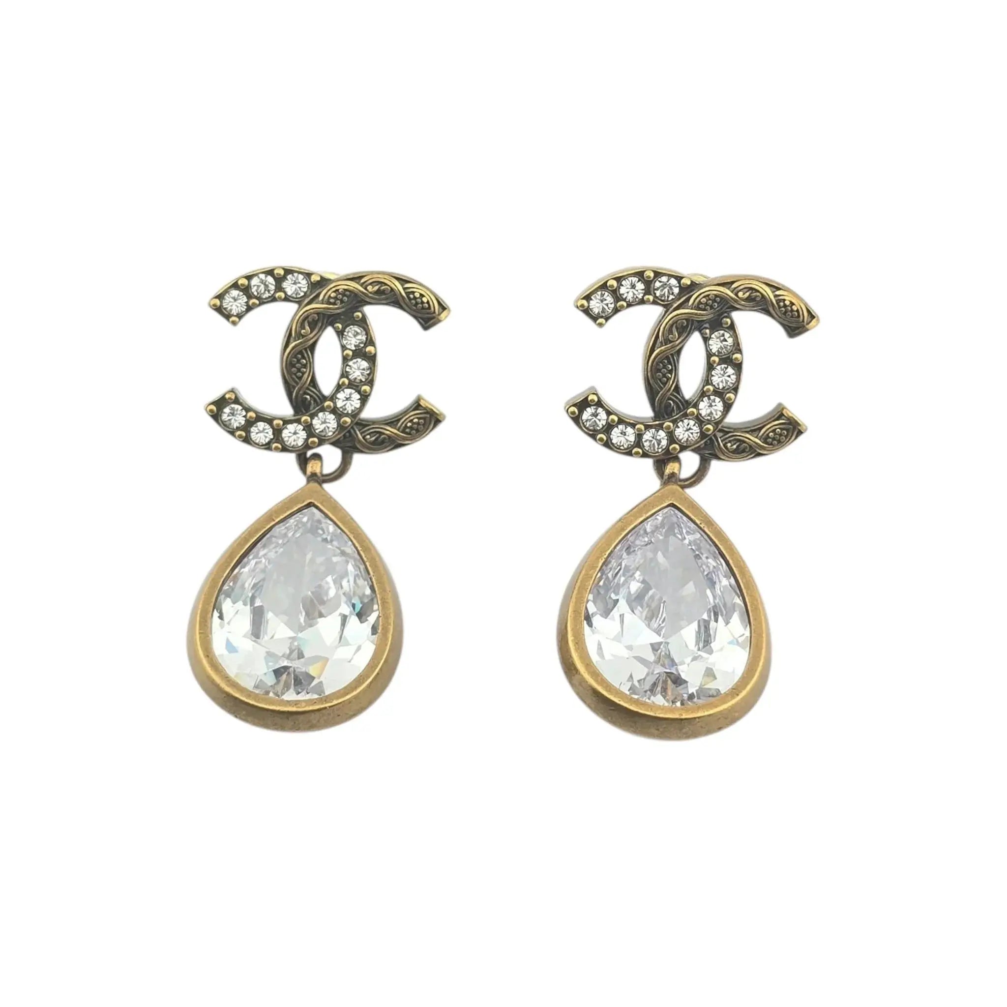 Chanel CC Tear Drop Crystal Dangle Gold Earrings 2024 CHANEL