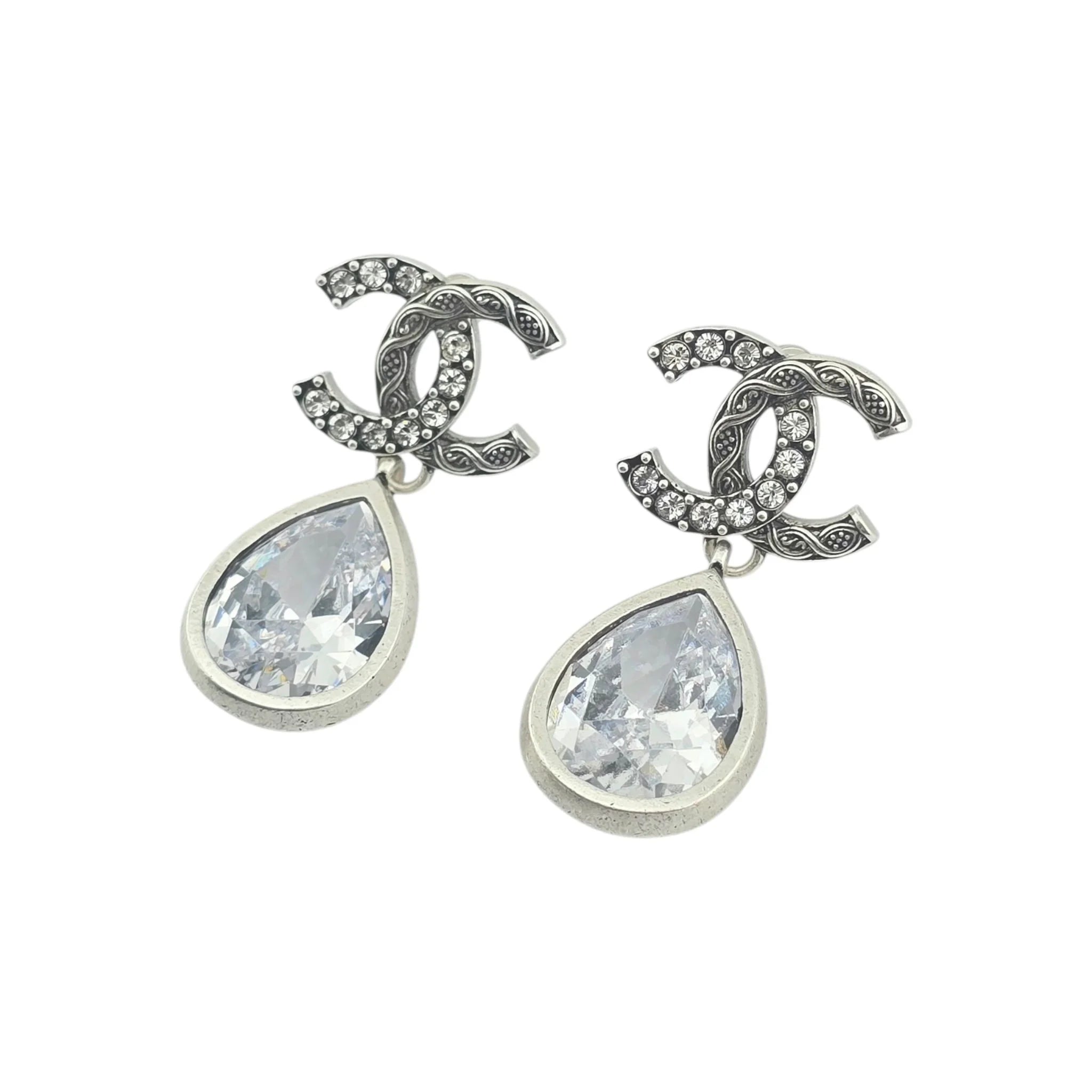 Chanel CC Tear Drop Crystal Dangle Silver Earrings 2024 CHANEL