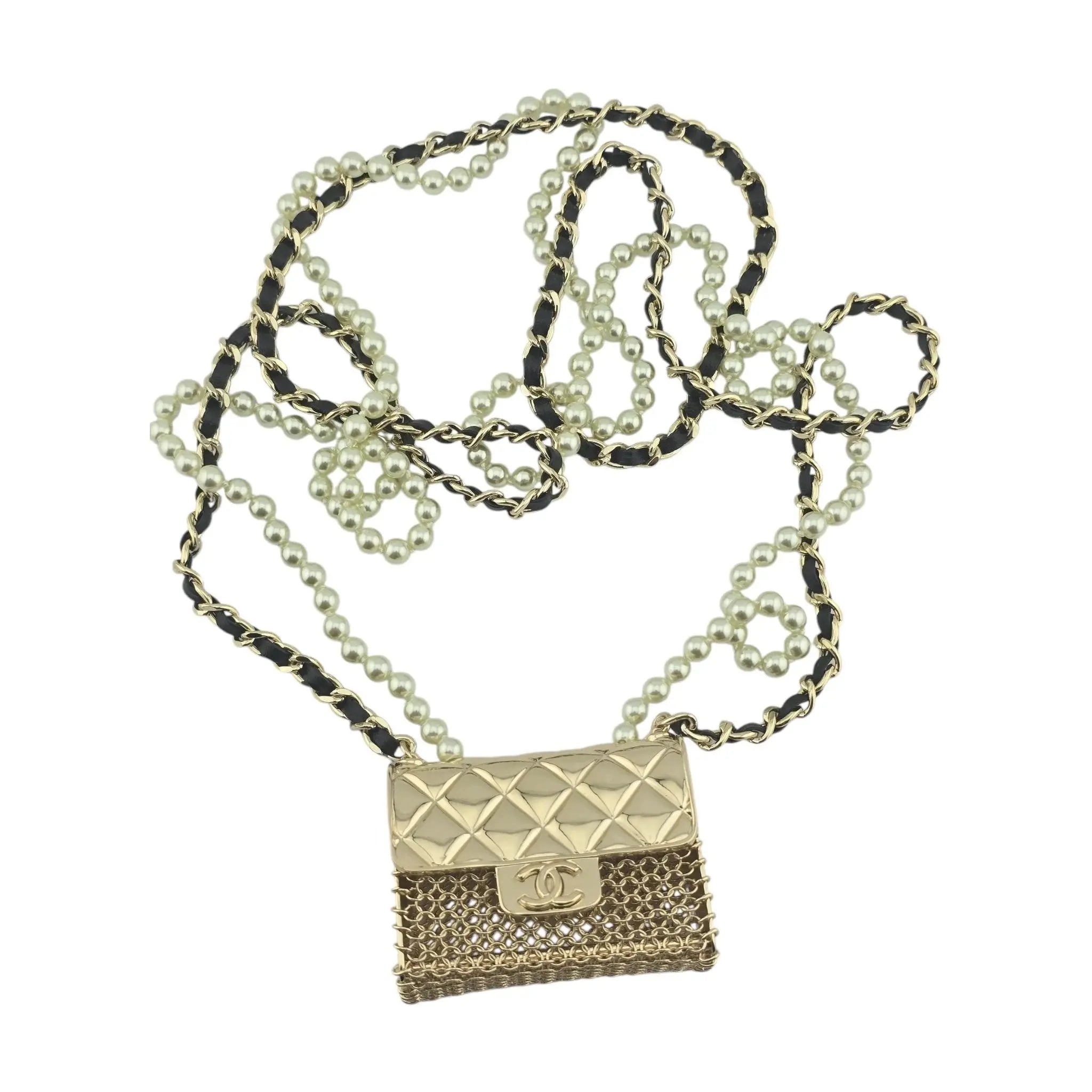 Chanel Flap Bag Pendant Long Necklace Quilted Metal with Lambskin and Faux Pearl CHANEL