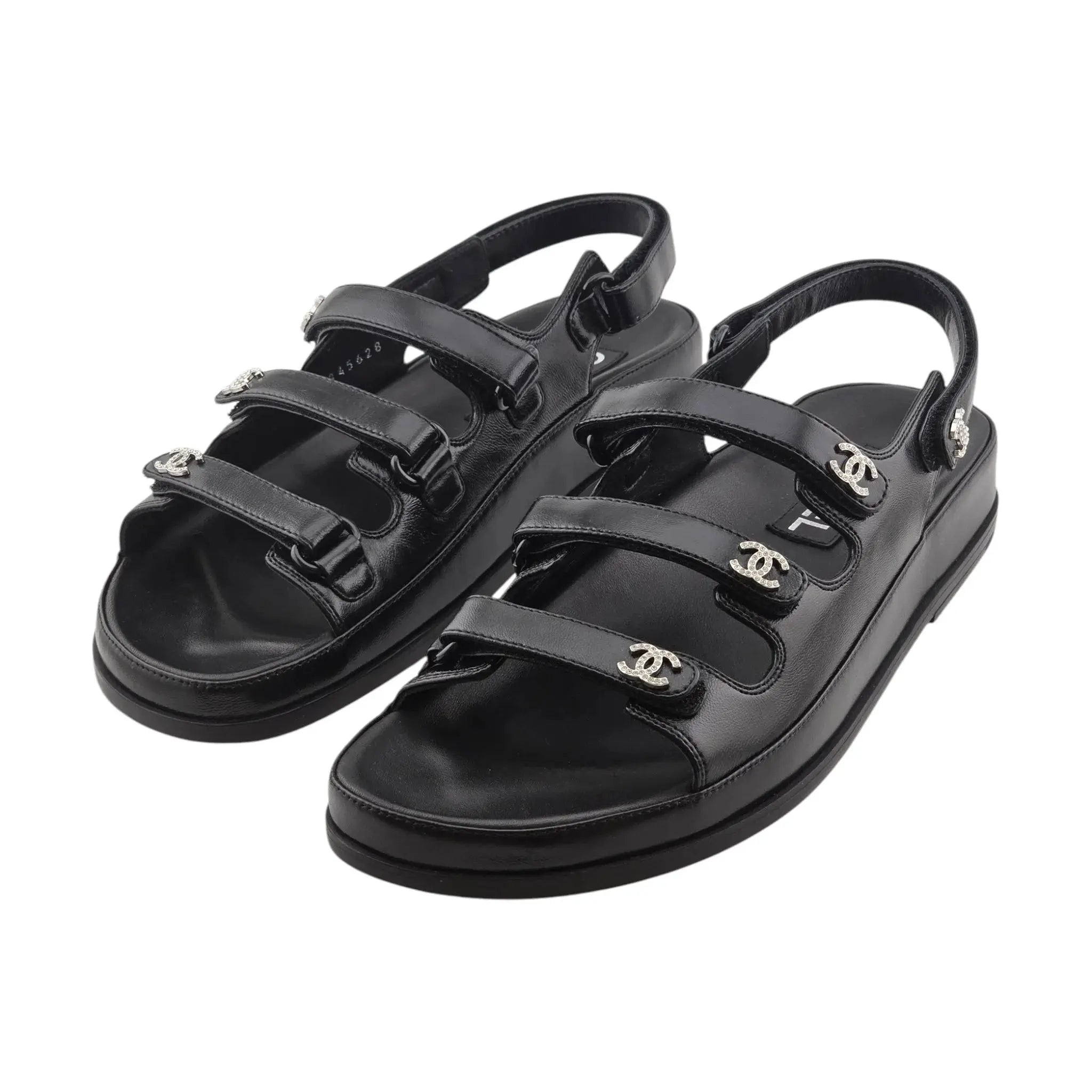 Chanel CC Black Lambskin Crystal Sandals - 39 CHANEL
