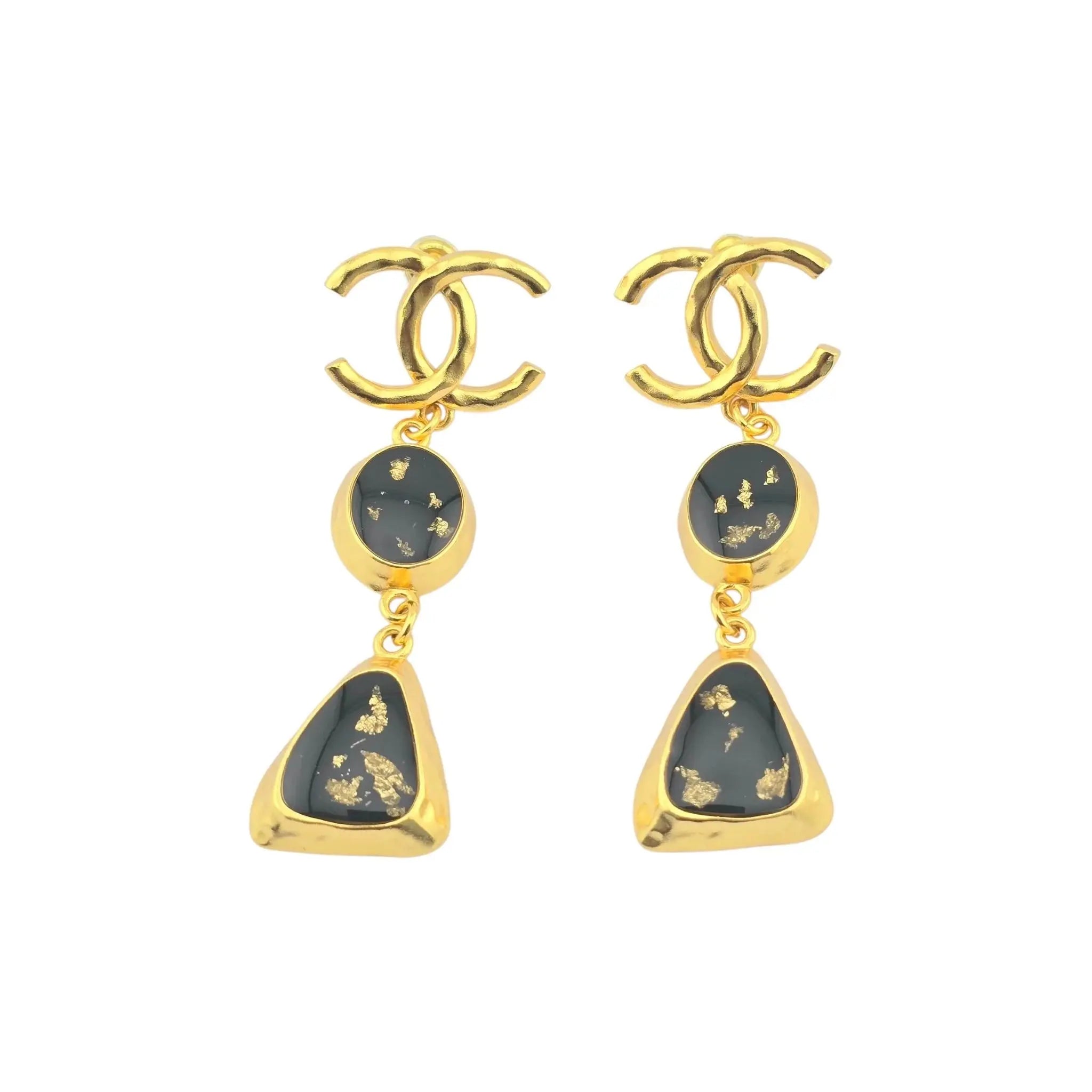 Chanel CC Resin Drop Earrings Gold Black 2023 CHANEL