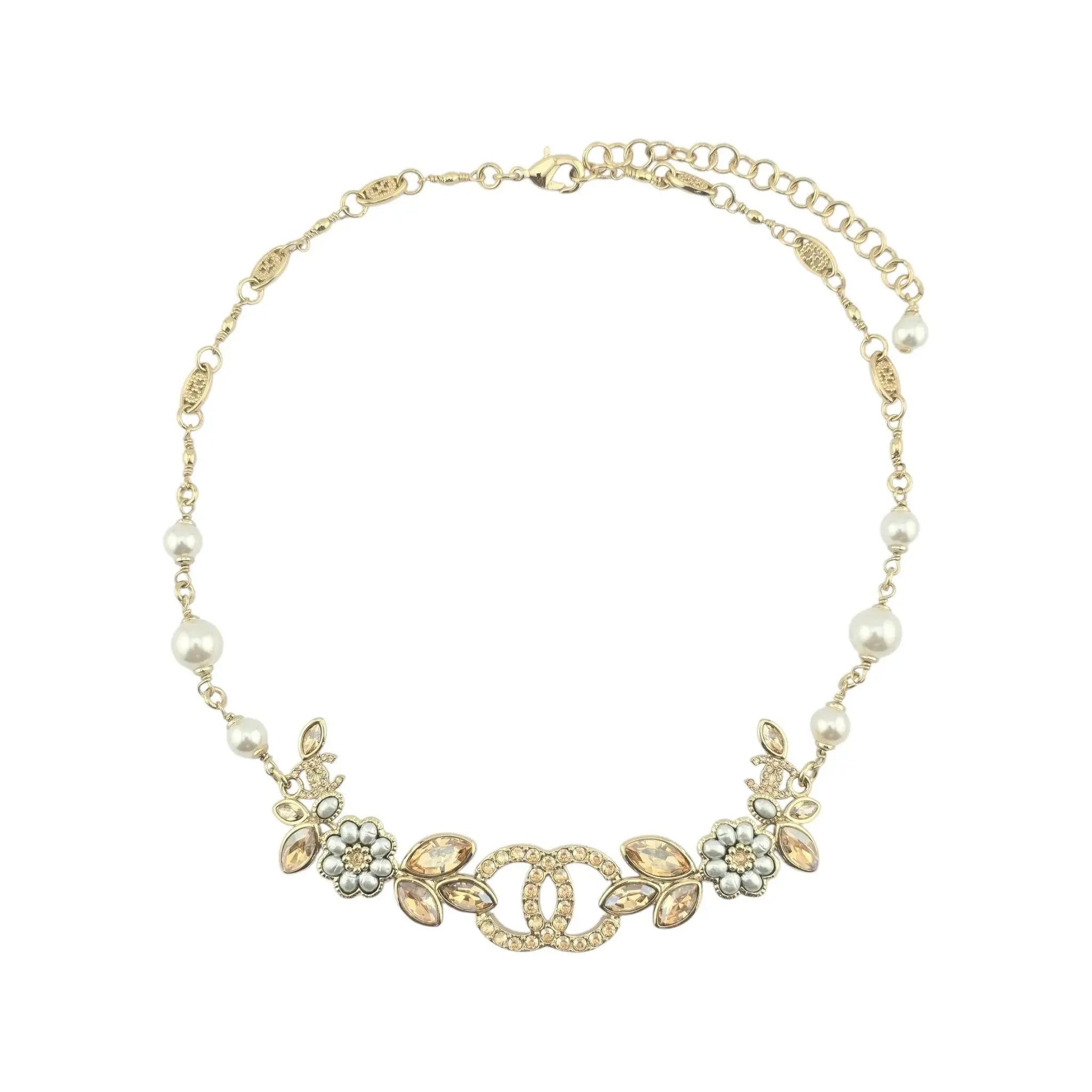 Chanel CC Flower Leaf Crystal Gold Necklace 2022 CHANEL
