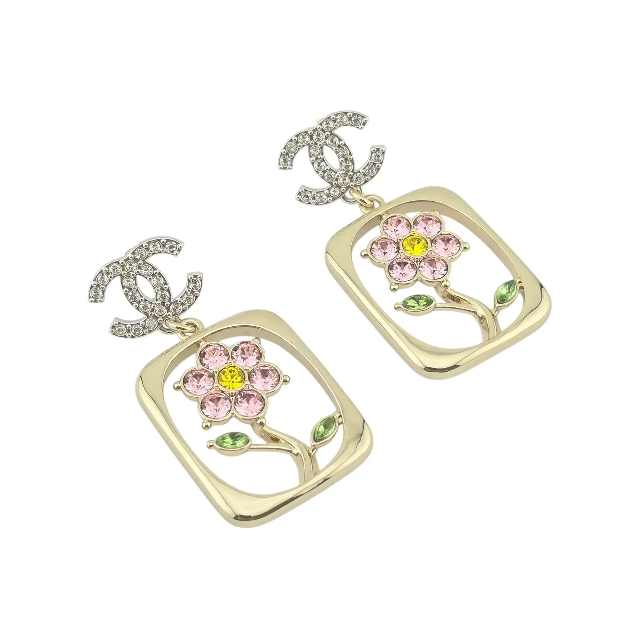 Chanel CC Floral Crystal Drop Earrings 25C CHANEL