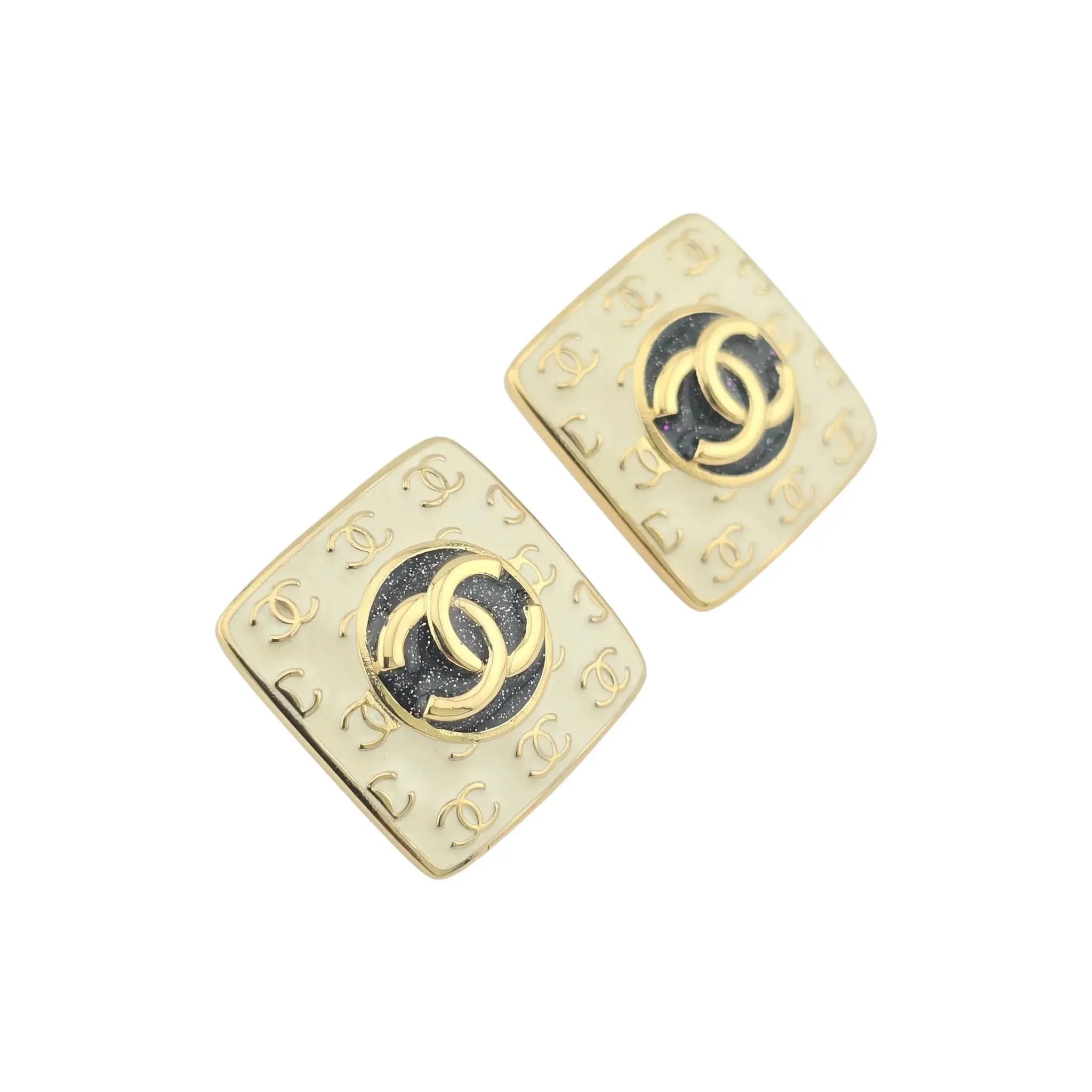 Chanel CC Square White Gold Enamel Earrings C24 CHANEL