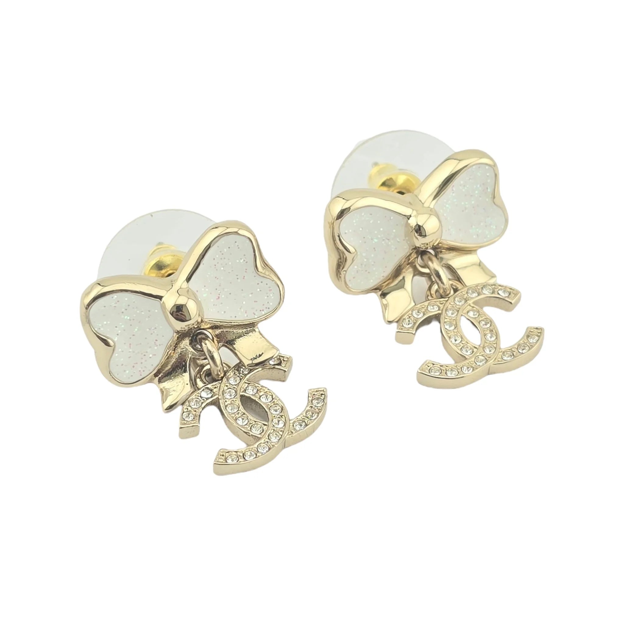 Chanel CC White Gold Bow Earrings 2025 CHANEL