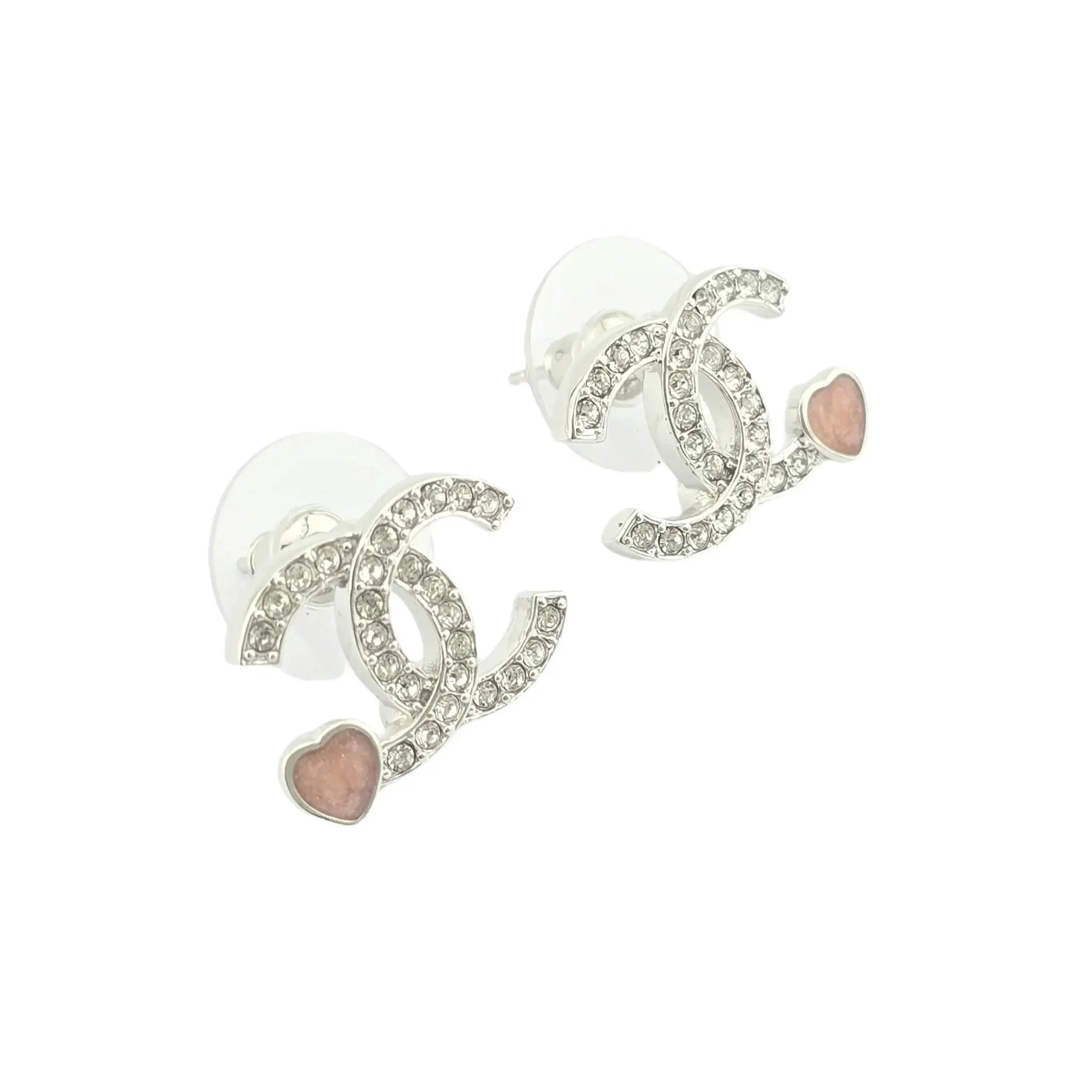 Chanel CC Silver Red Crystal Heart Stud Earrings CHANEL
