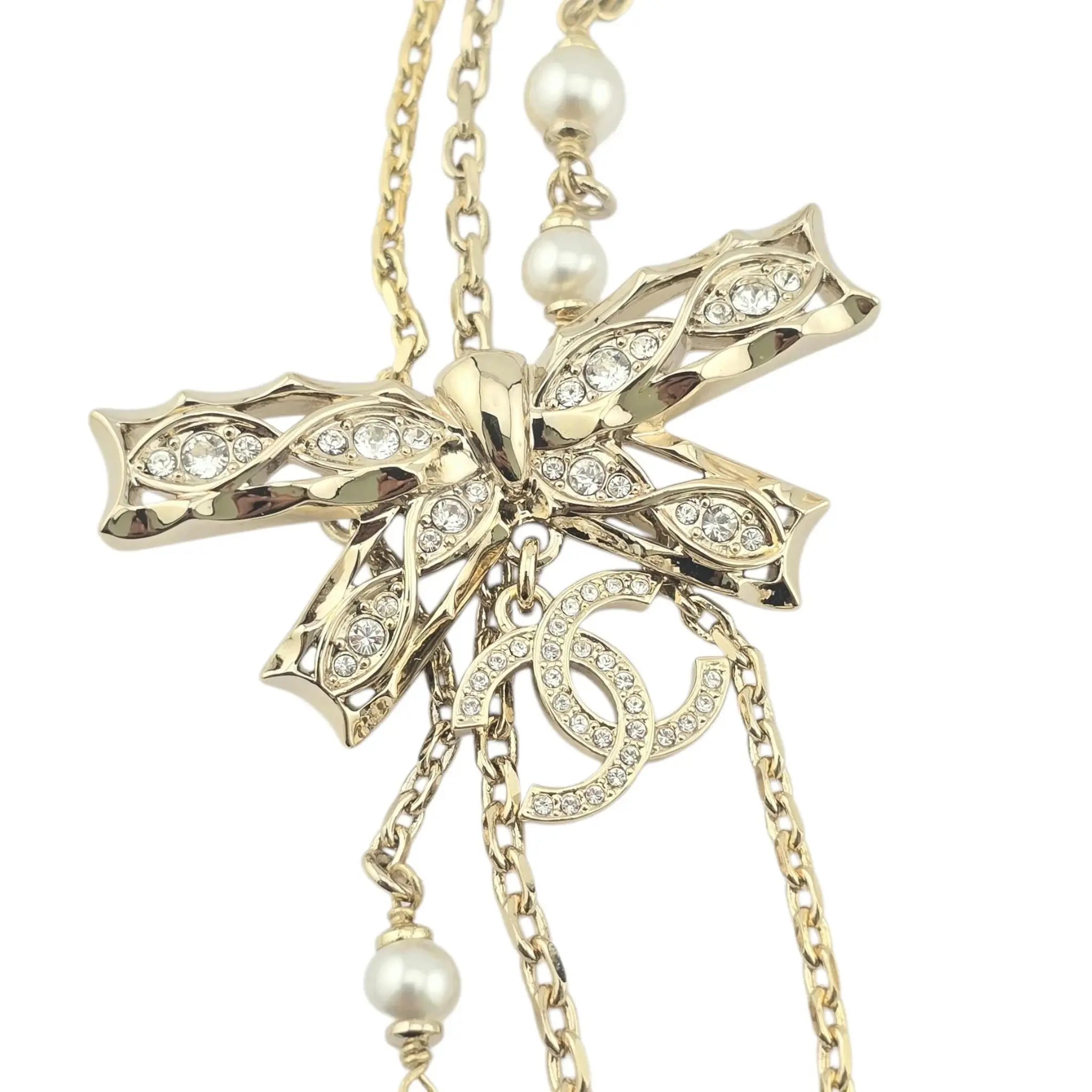 Chanel CC Bow Crystal Faux Pearl Necklace 2024 CHANEL