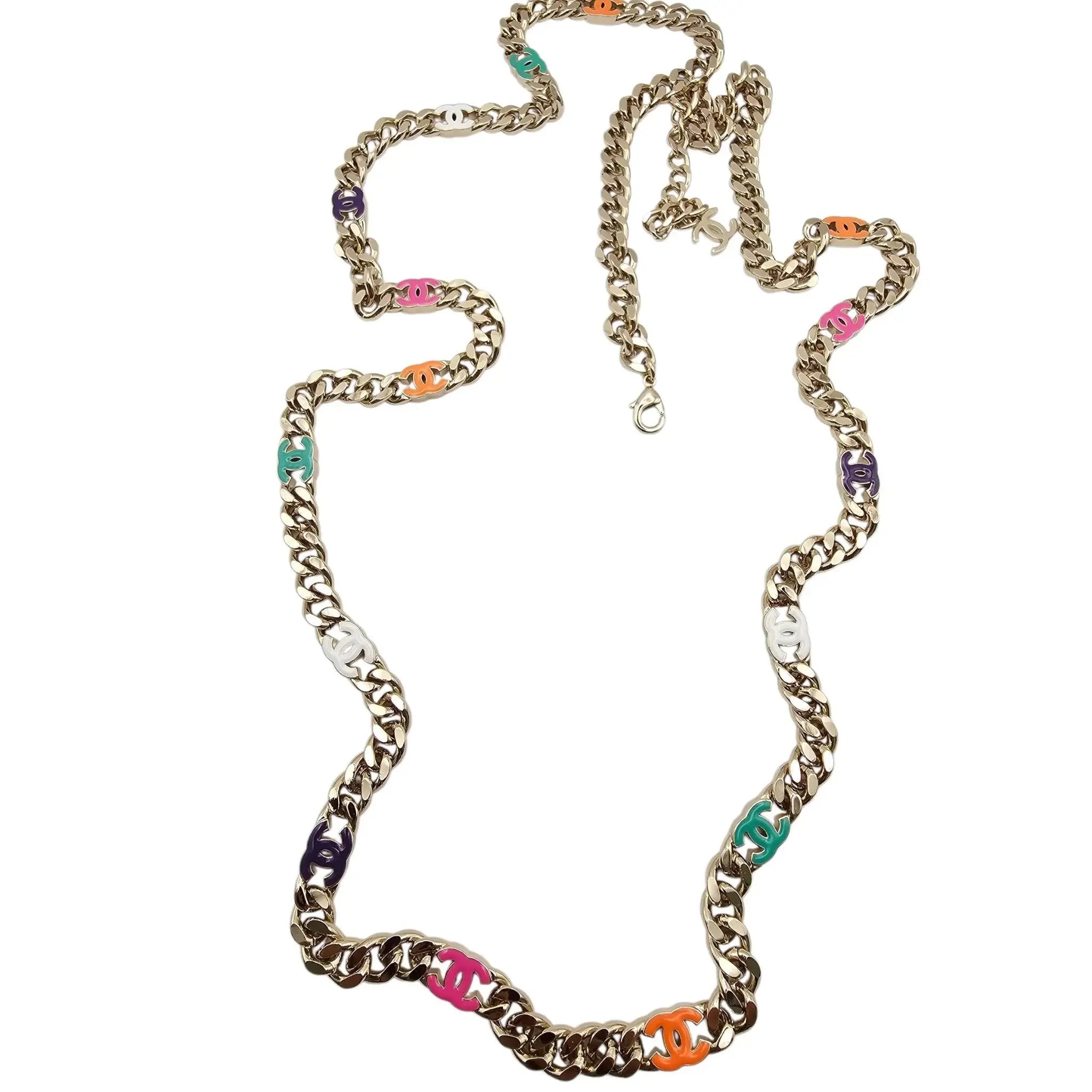 Chanel Metal Enamel Chain CC Long Necklace Gold Multicolor B24 BIJOUX HEAVEN