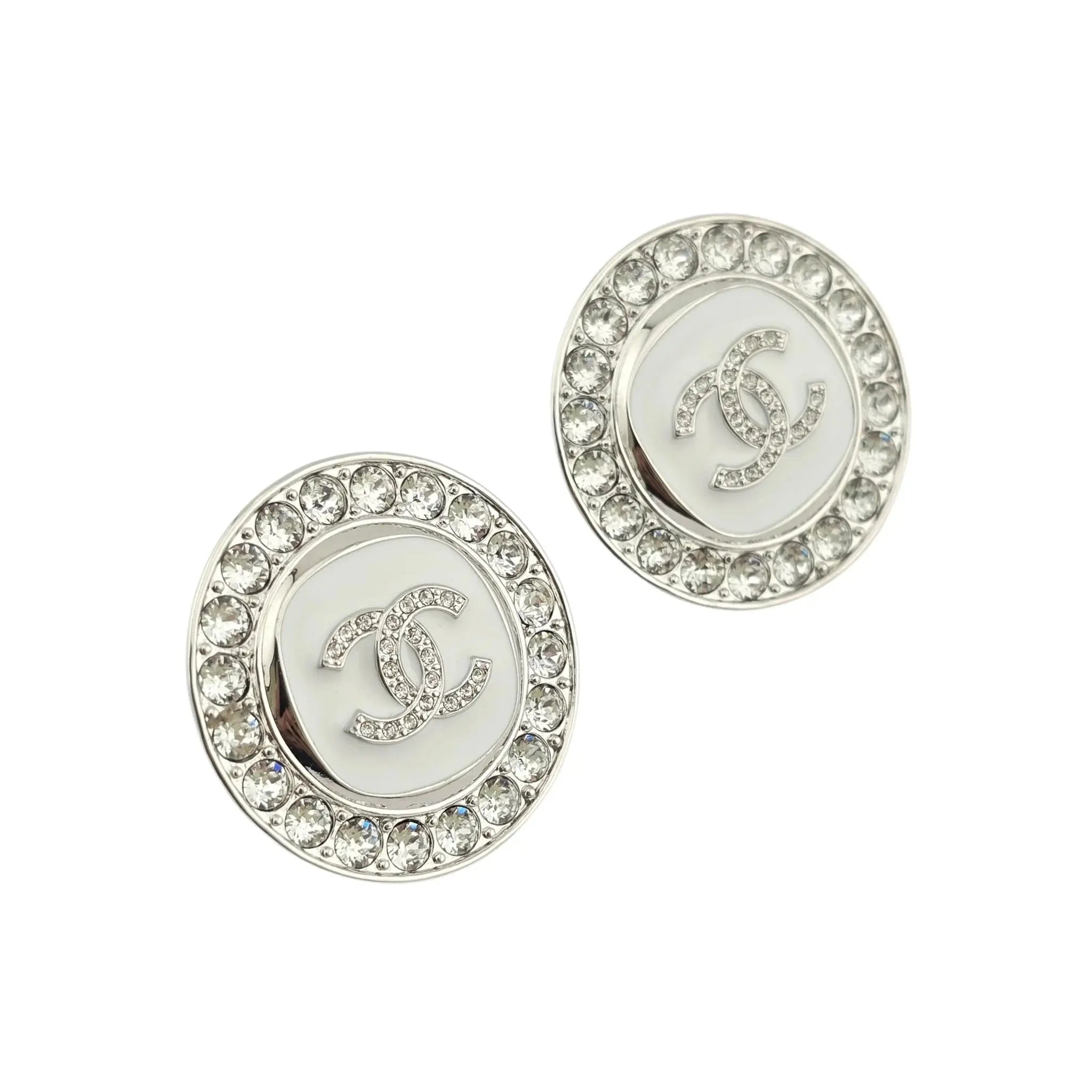 Chanel CC Round White Silver Crystal Earrings 2025 CHANEL