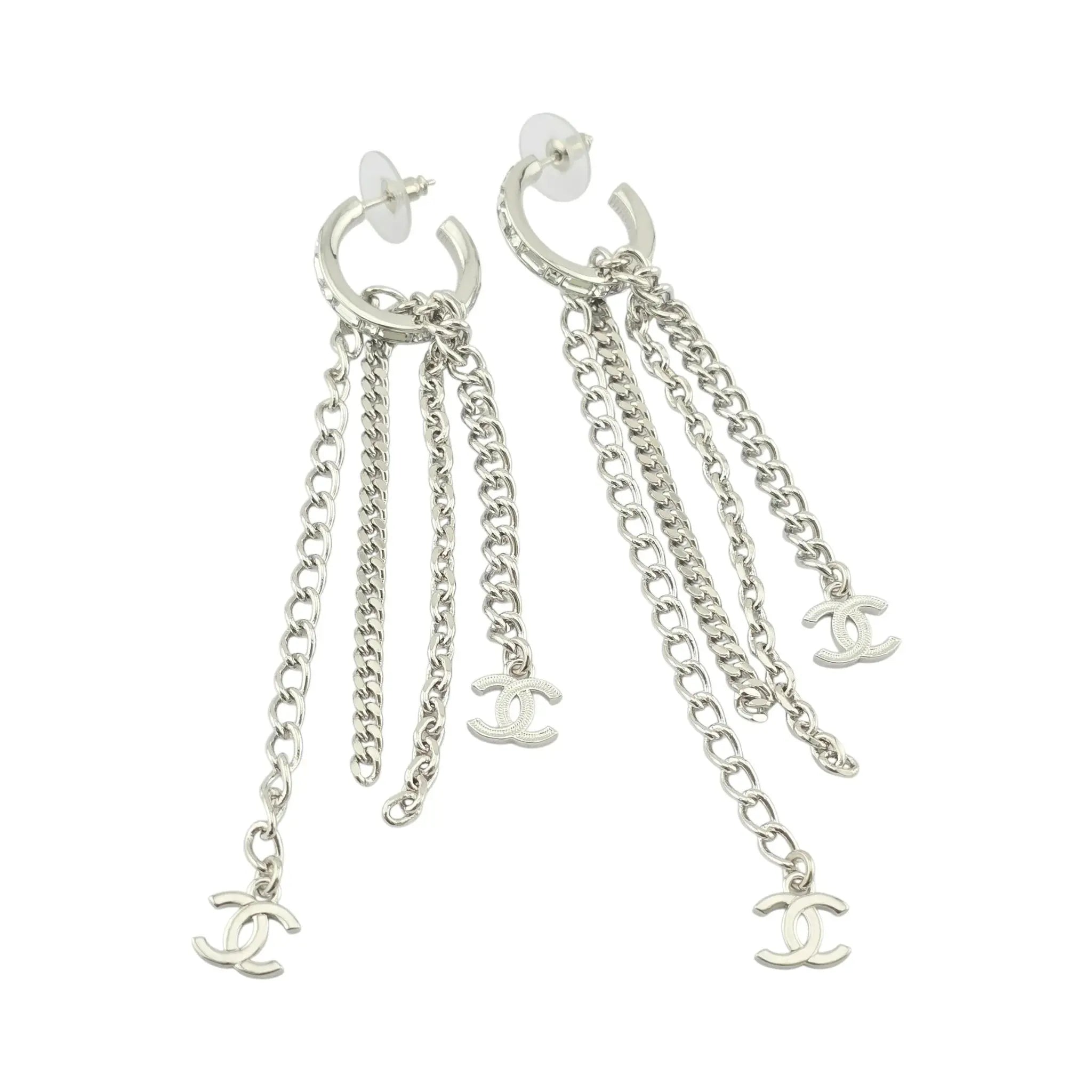 Chanel CC Chain Crystal Silver Hoop Earrings 22P CHANEL