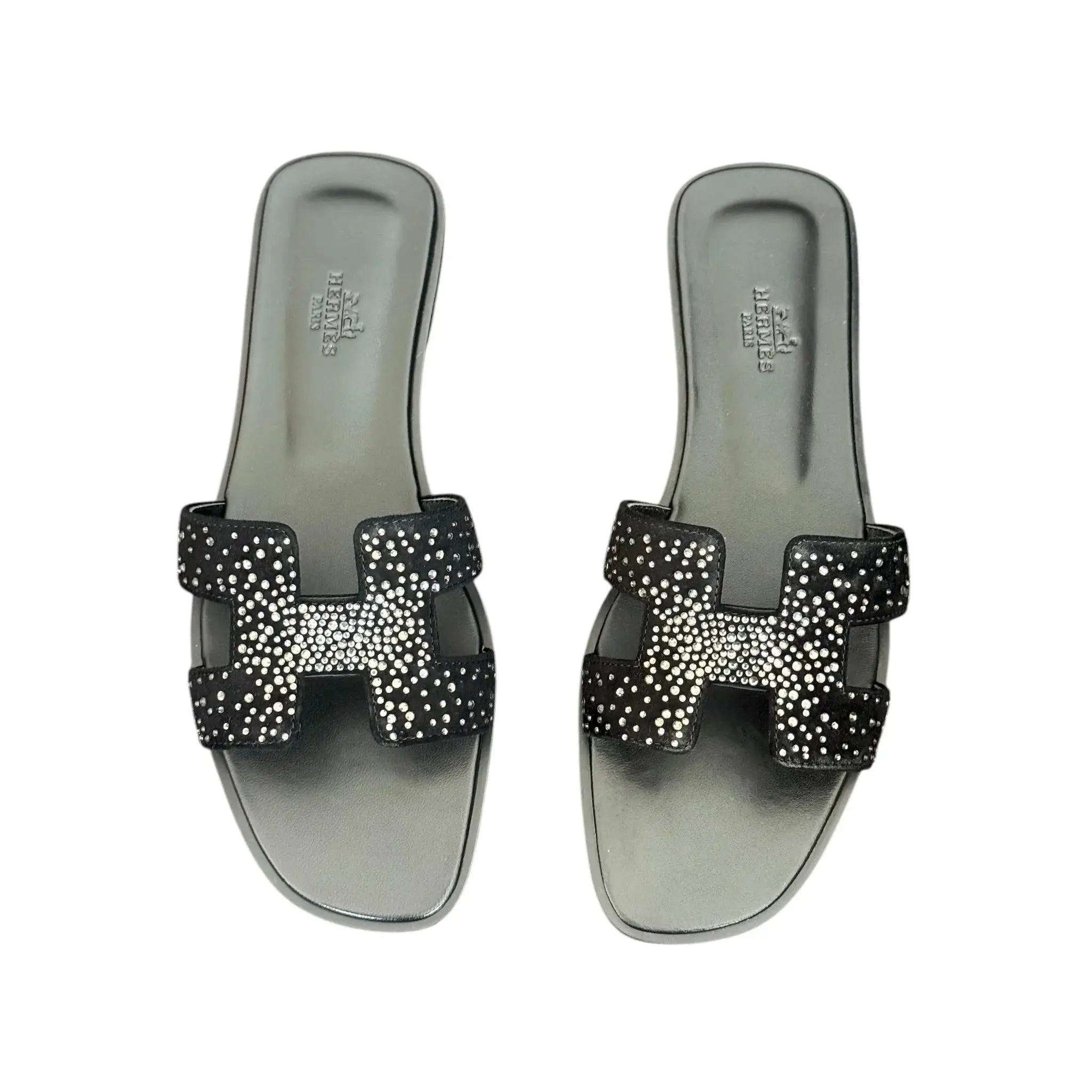 Hermes Oran Sandal Black Crystal Embellished Suede - 40 HERMES