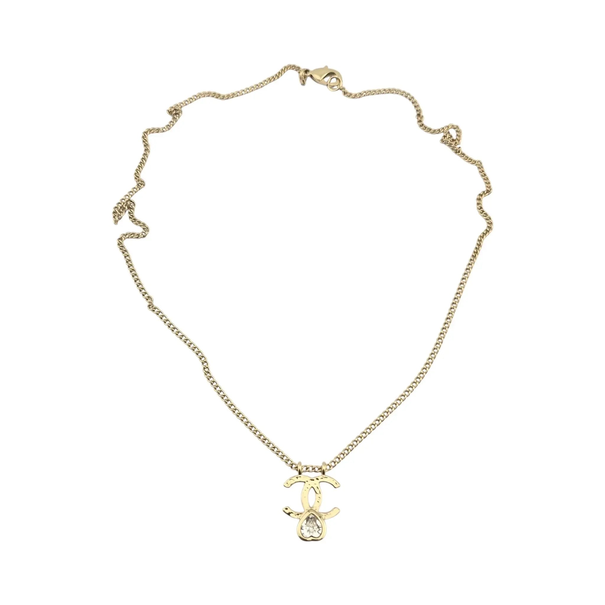 Chanel CC Gold Crystal Heart Pendant Necklace B22 CHANEL