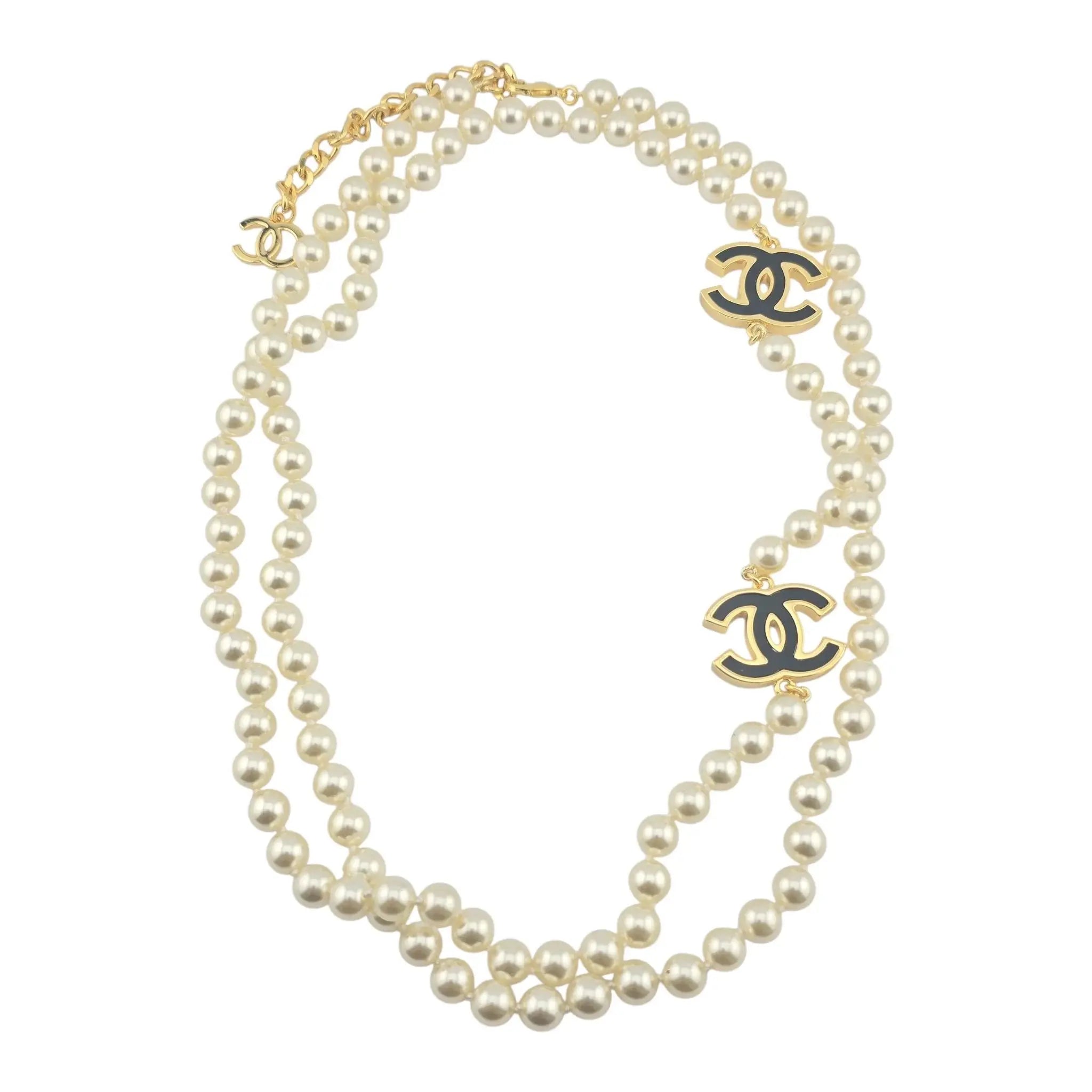 Chanel Black CC Pendant Long Faux Pearl Necklace B24 CHANEL