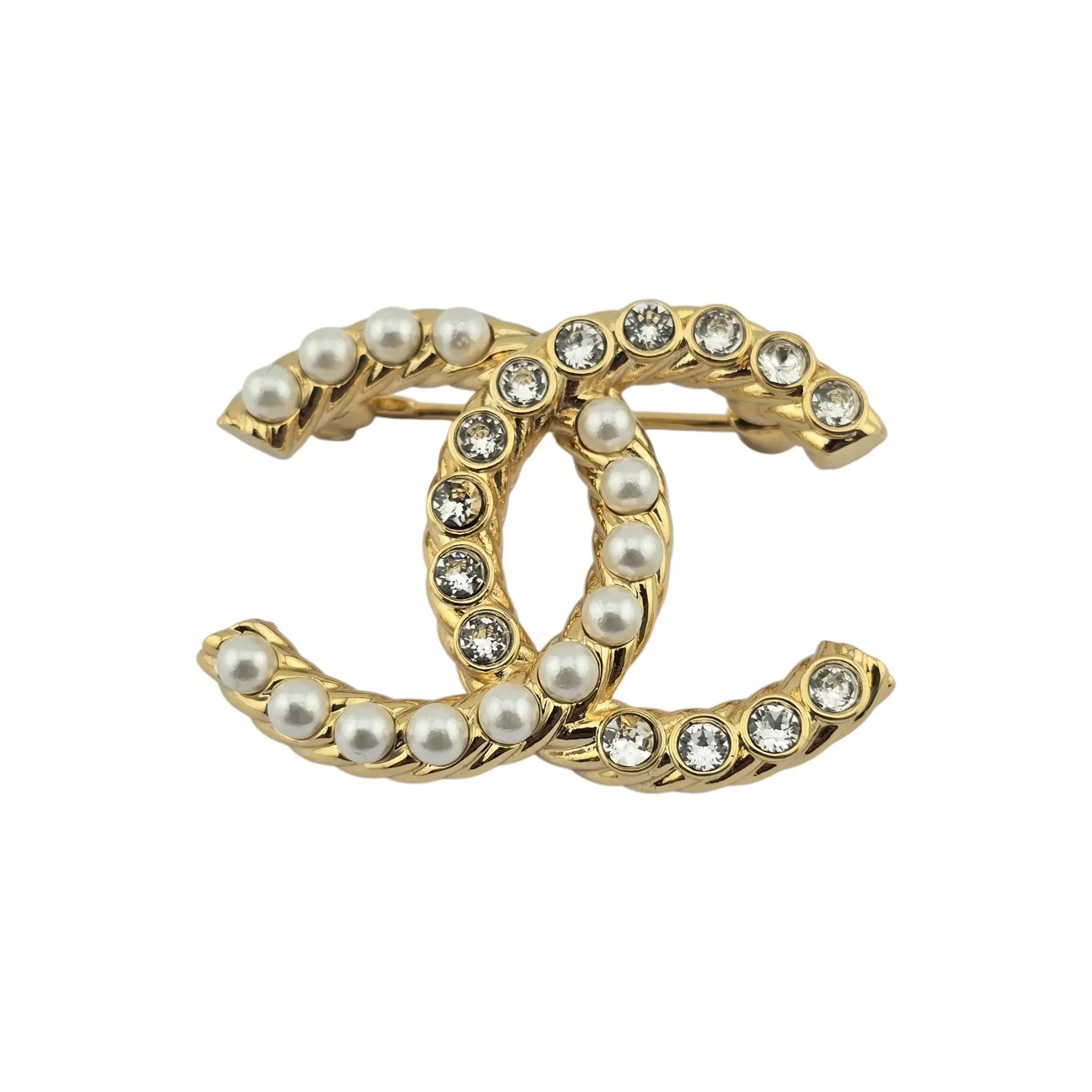 Chanel CC Gold Faux Pearls Crystals Brooch 2023 CHANEL