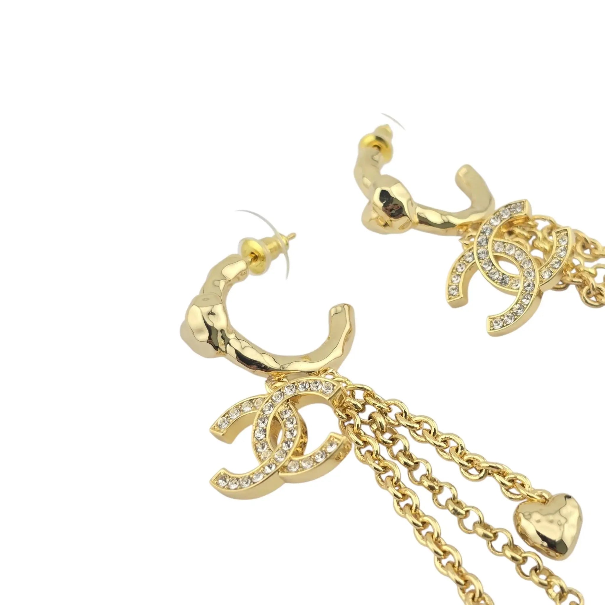 Chanel CC Chain Drop Gold Heart Hoop Earrings B23 CHANEL