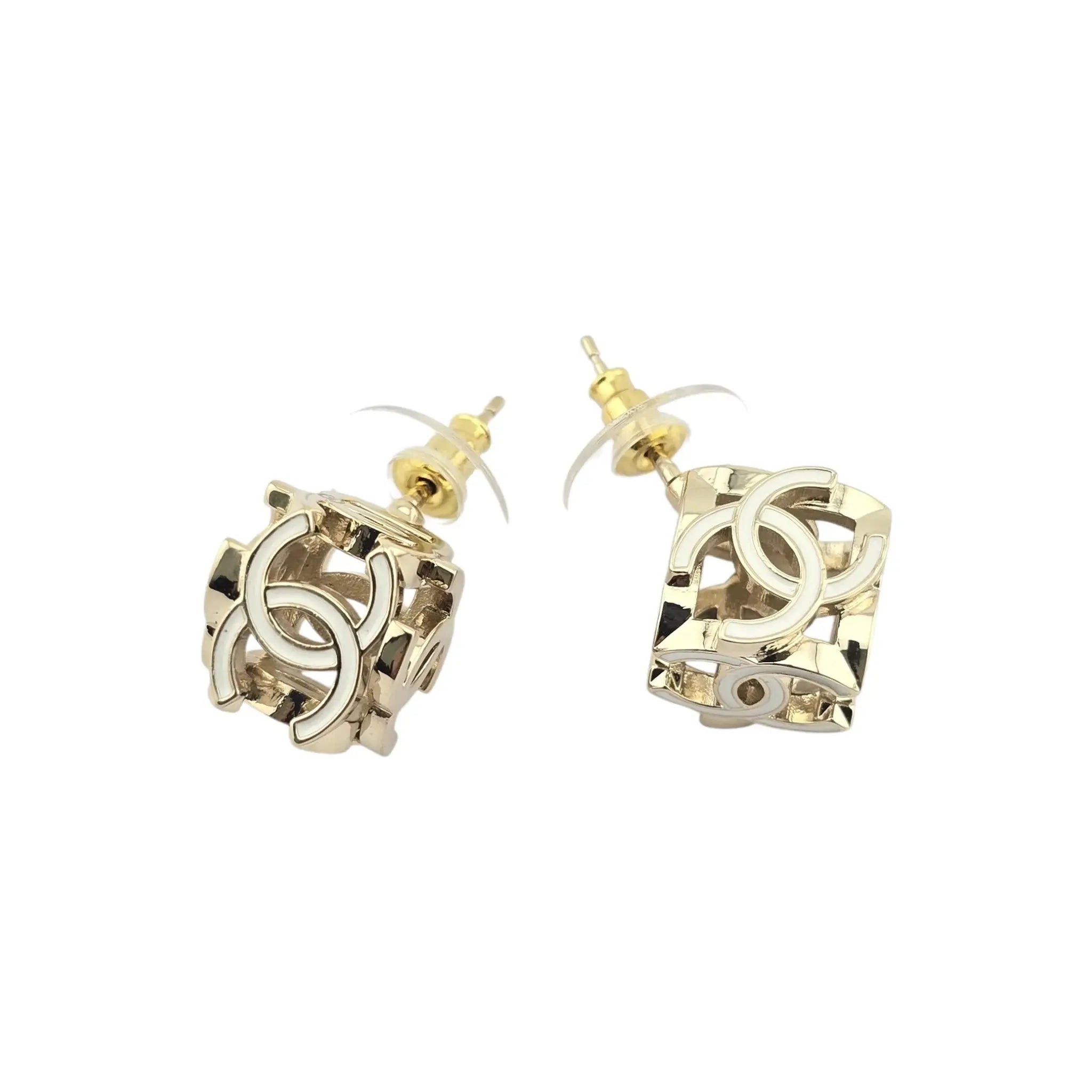 Chanel CC Logo Cube Earrings White Gold 2022 CHANEL