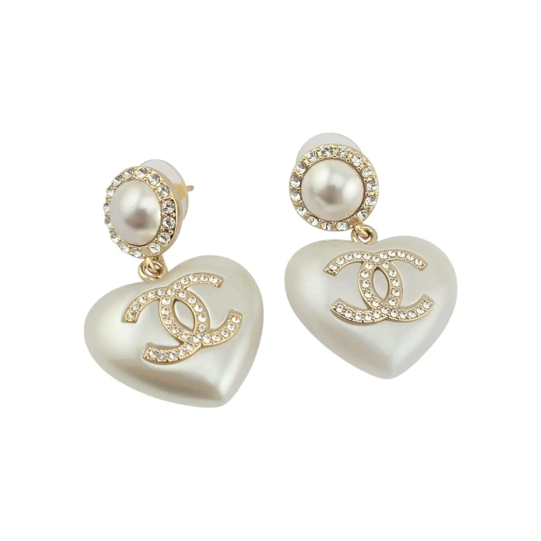 Chanel CC Pearl Crystal Heart Drop Earrings Gold 2021 CHANEL