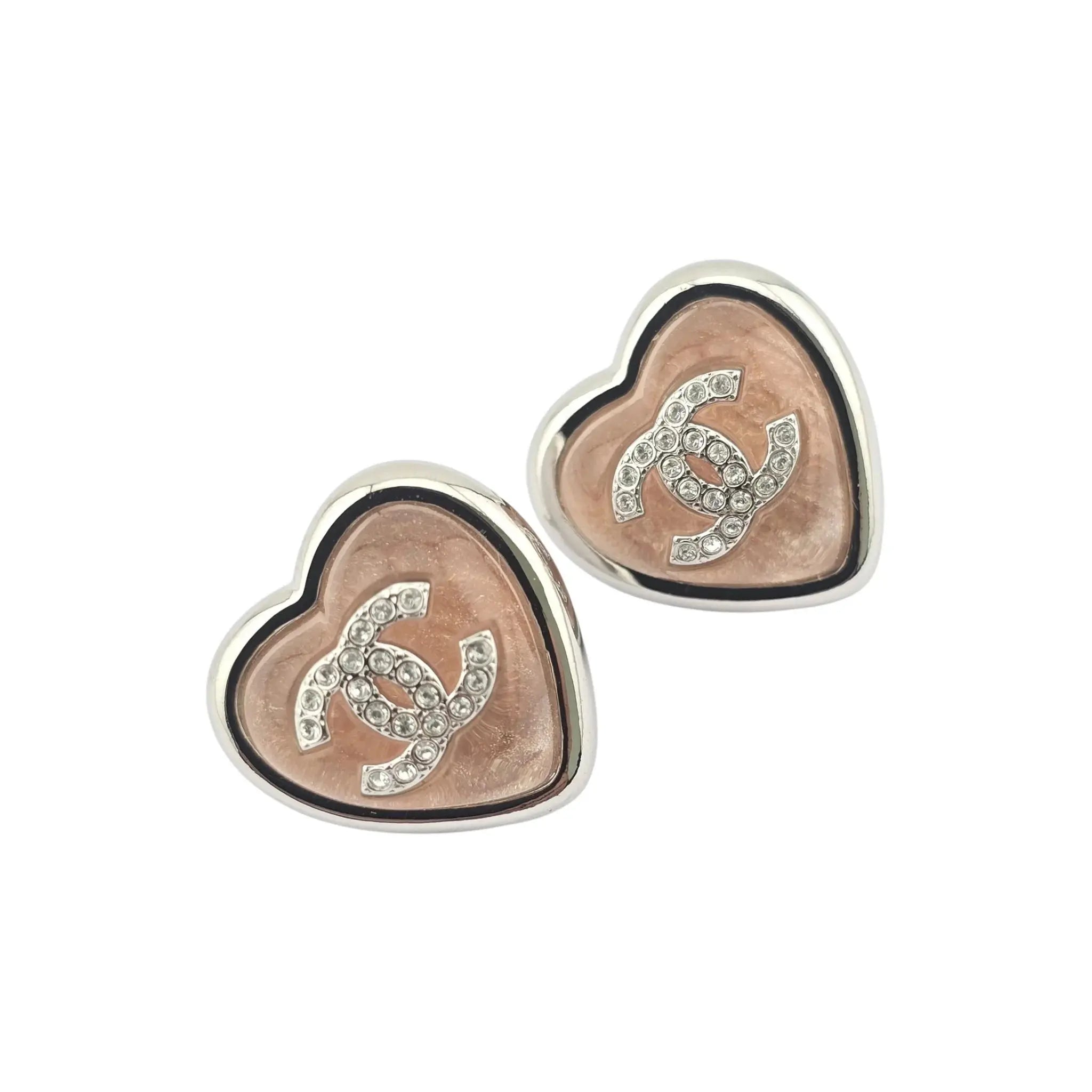 Chanel CC Pink Heart Silver Metal Earrings B25 CHANEL