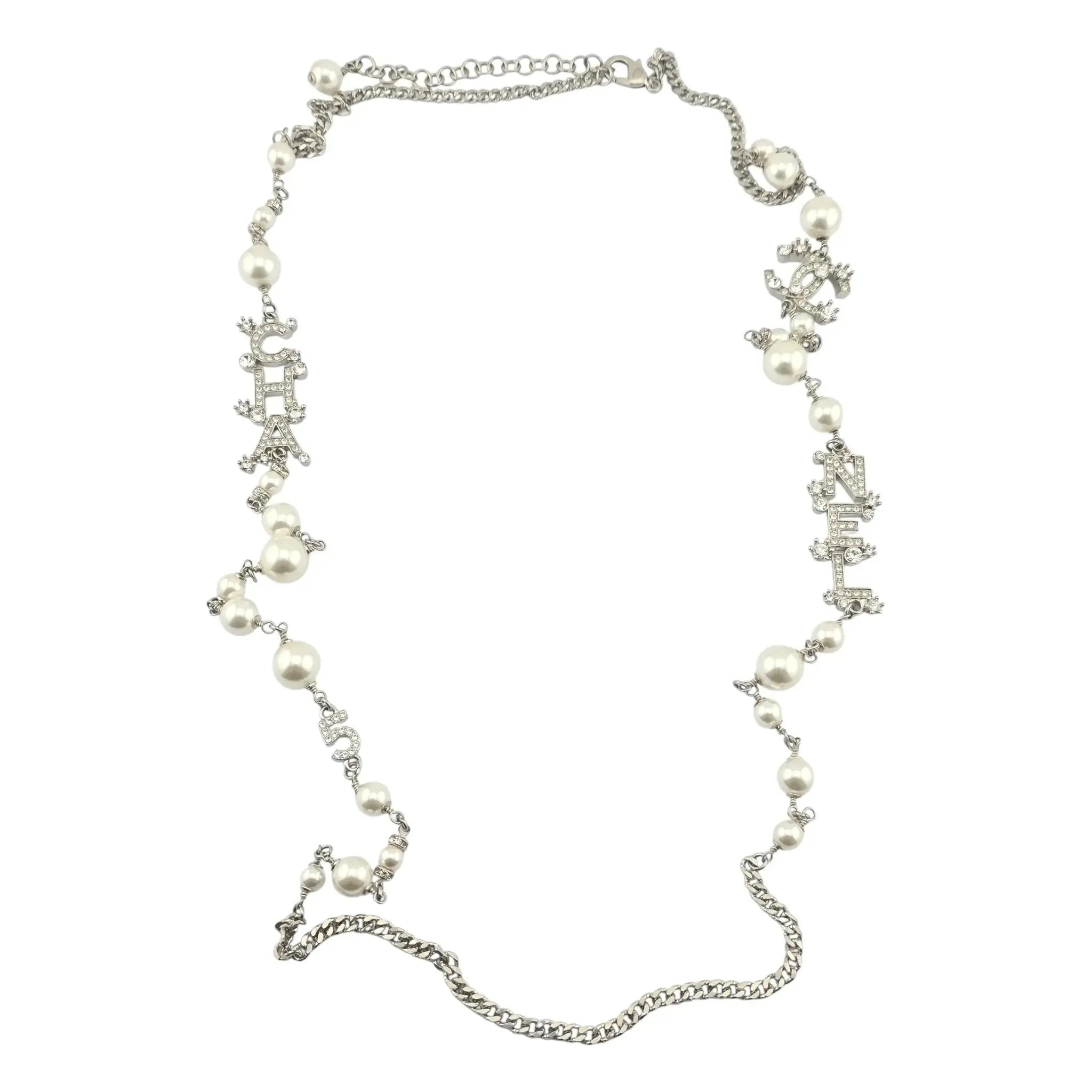 Chanel CC Silver Faux Pearl Logo Long Necklace 2023 CHANEL
