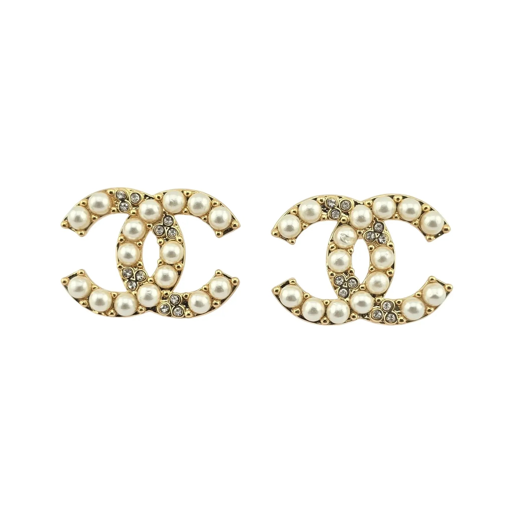 Chanel CC Gold Faux Pearl Crystal Earrings B24 CHANEL