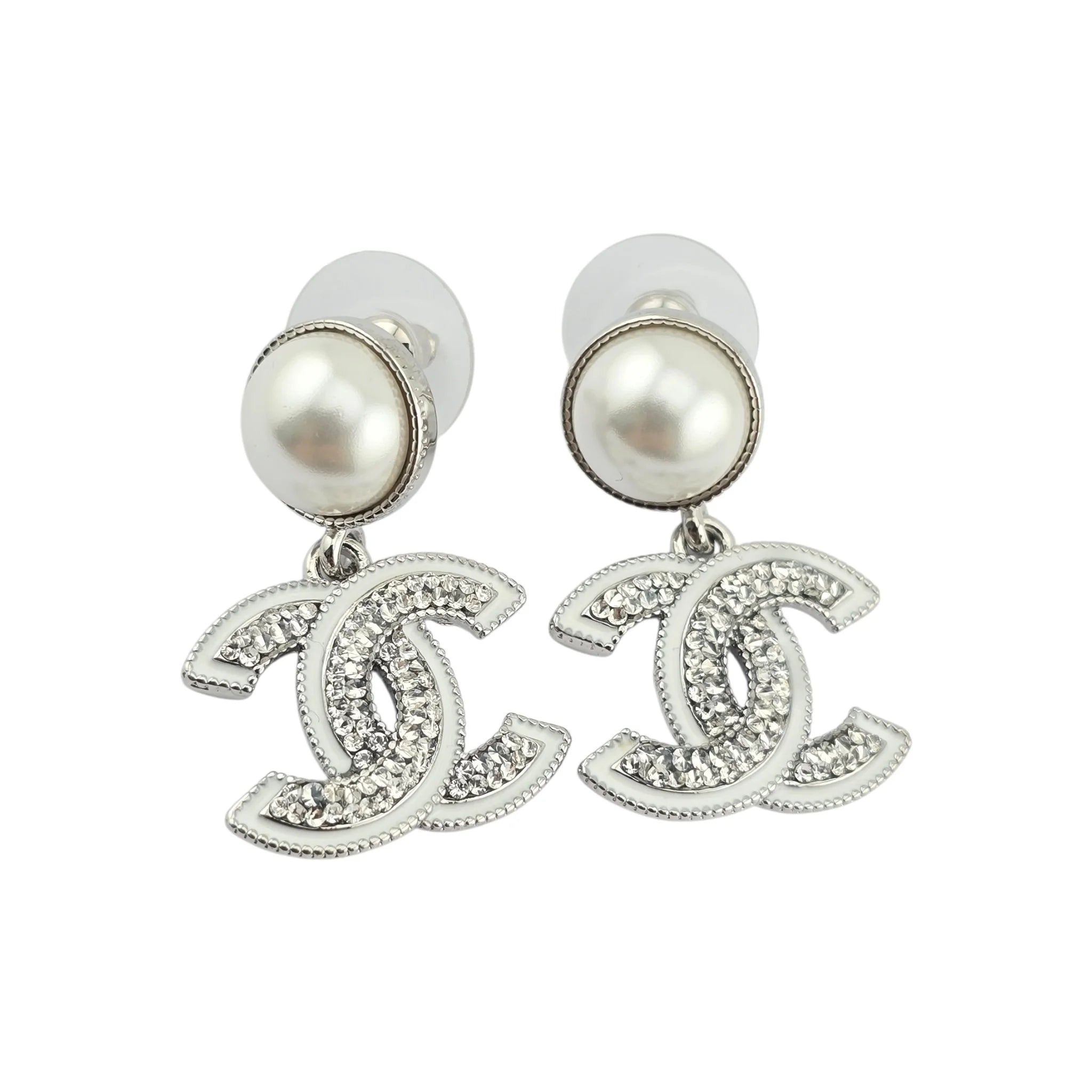 Chanel CC White Silver Crystal Faux Pearl Drop Earrings 2025 CHANEL