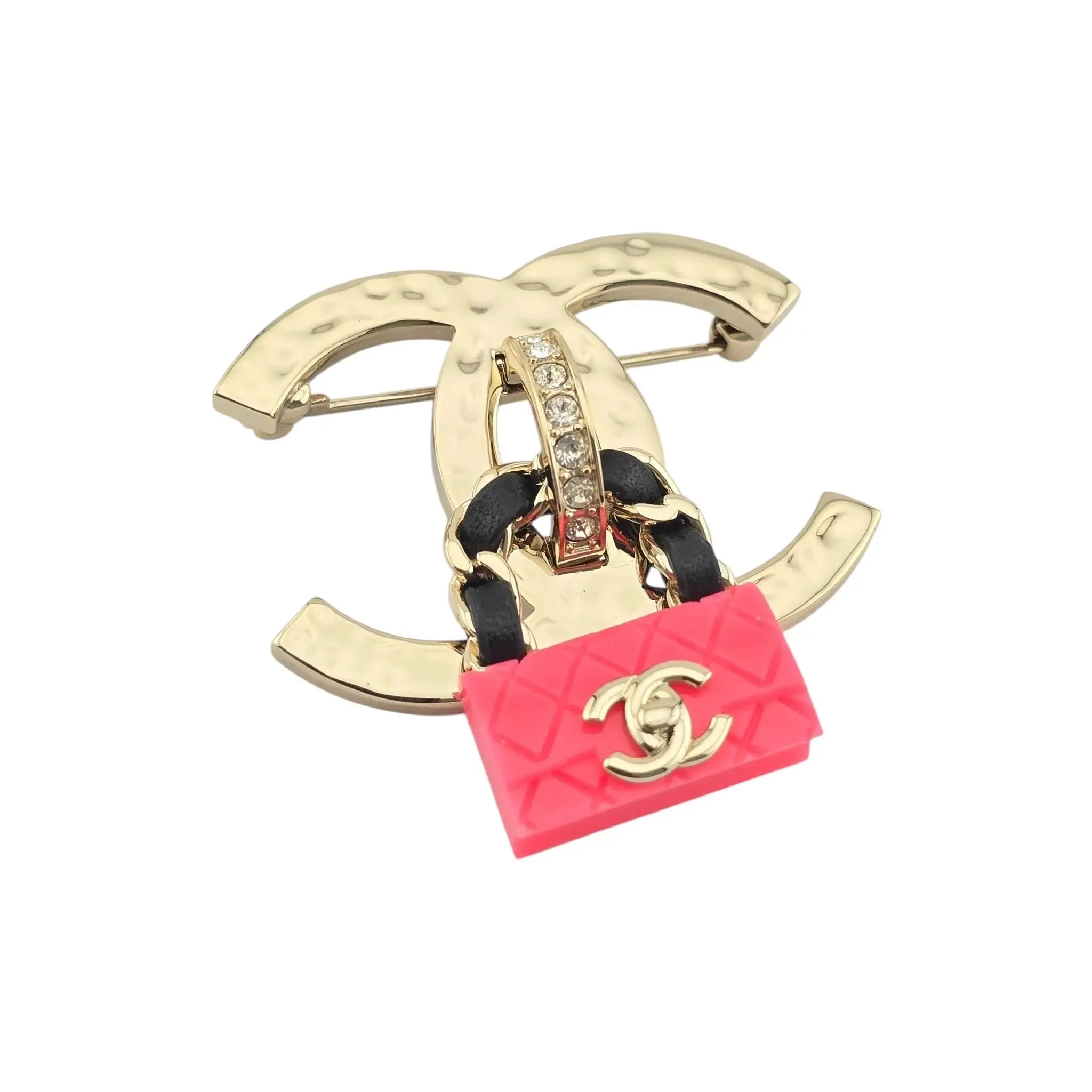 Chanel CC Crystal Resin Flap Bag Brooch Gold Pink 2023 CHANEL