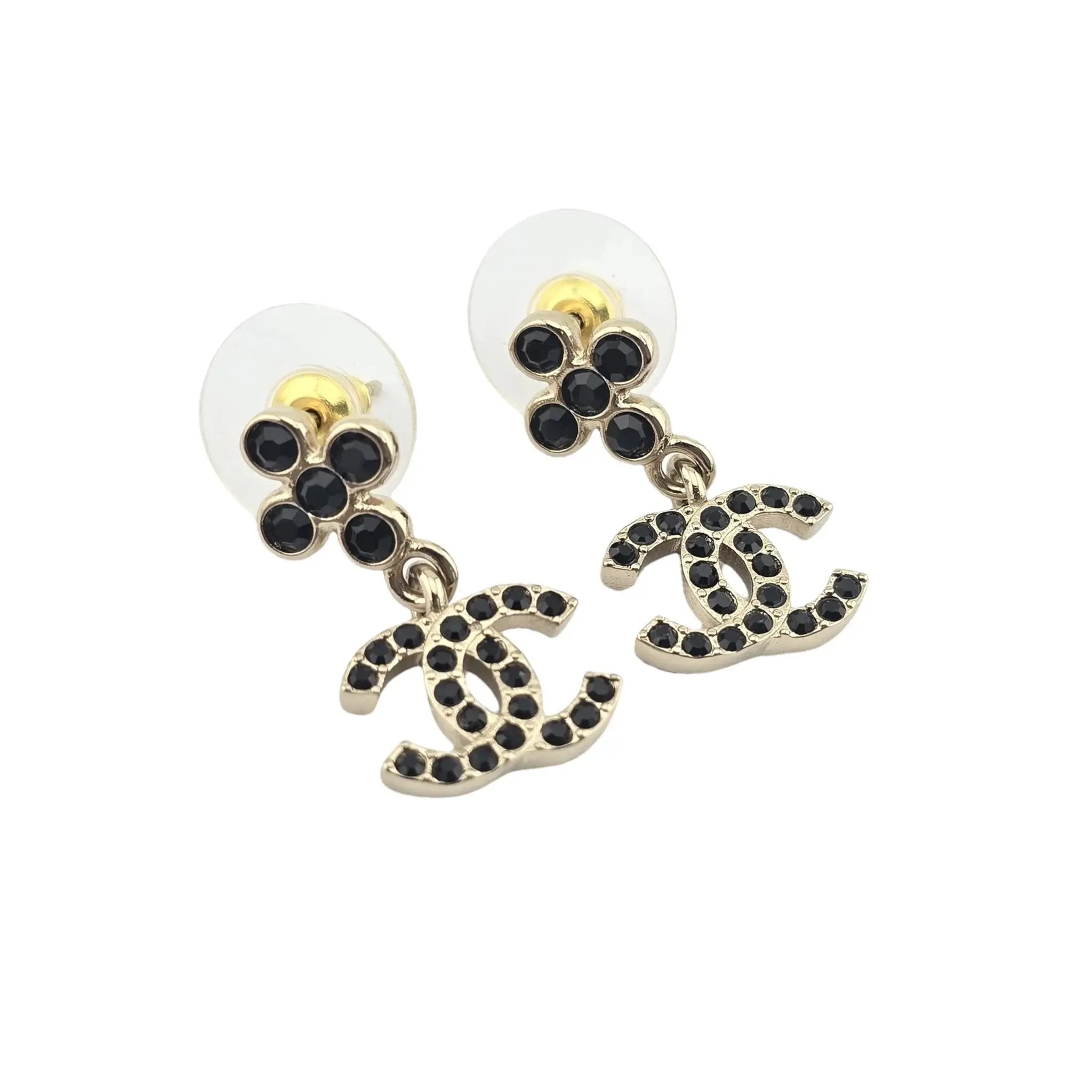 Chanel CC Crystal Drop Earrings Gold Black B23 CHANEL