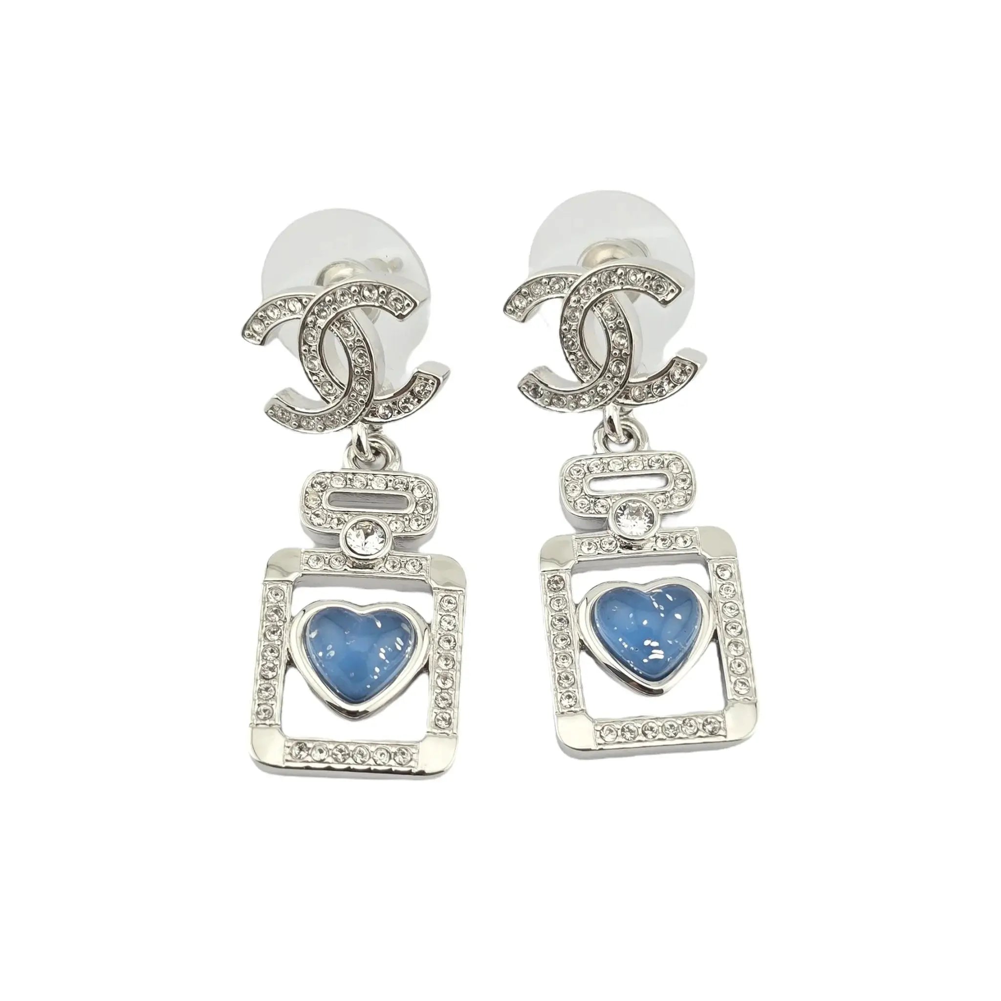 Chanel CC Silver Blue Heart Bottle Drop Earrings 2025 CHANEL