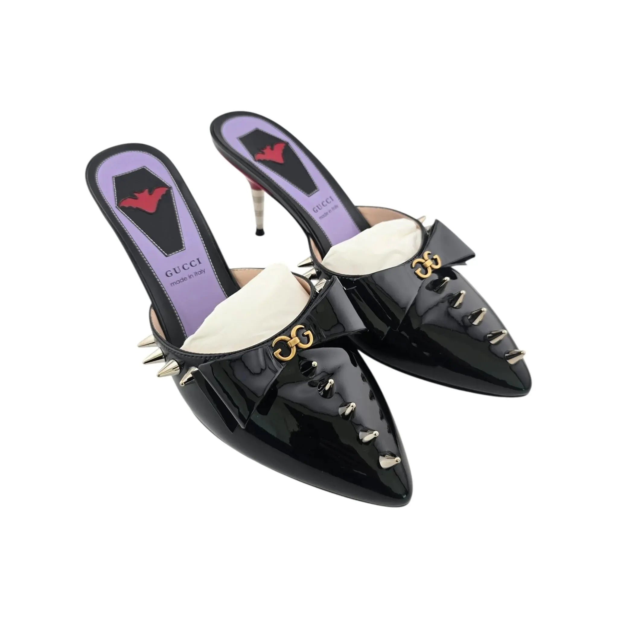GUCCI Patent GG Bow Sadie Spike Mid Heel Mules 38.5 Black GUCCI