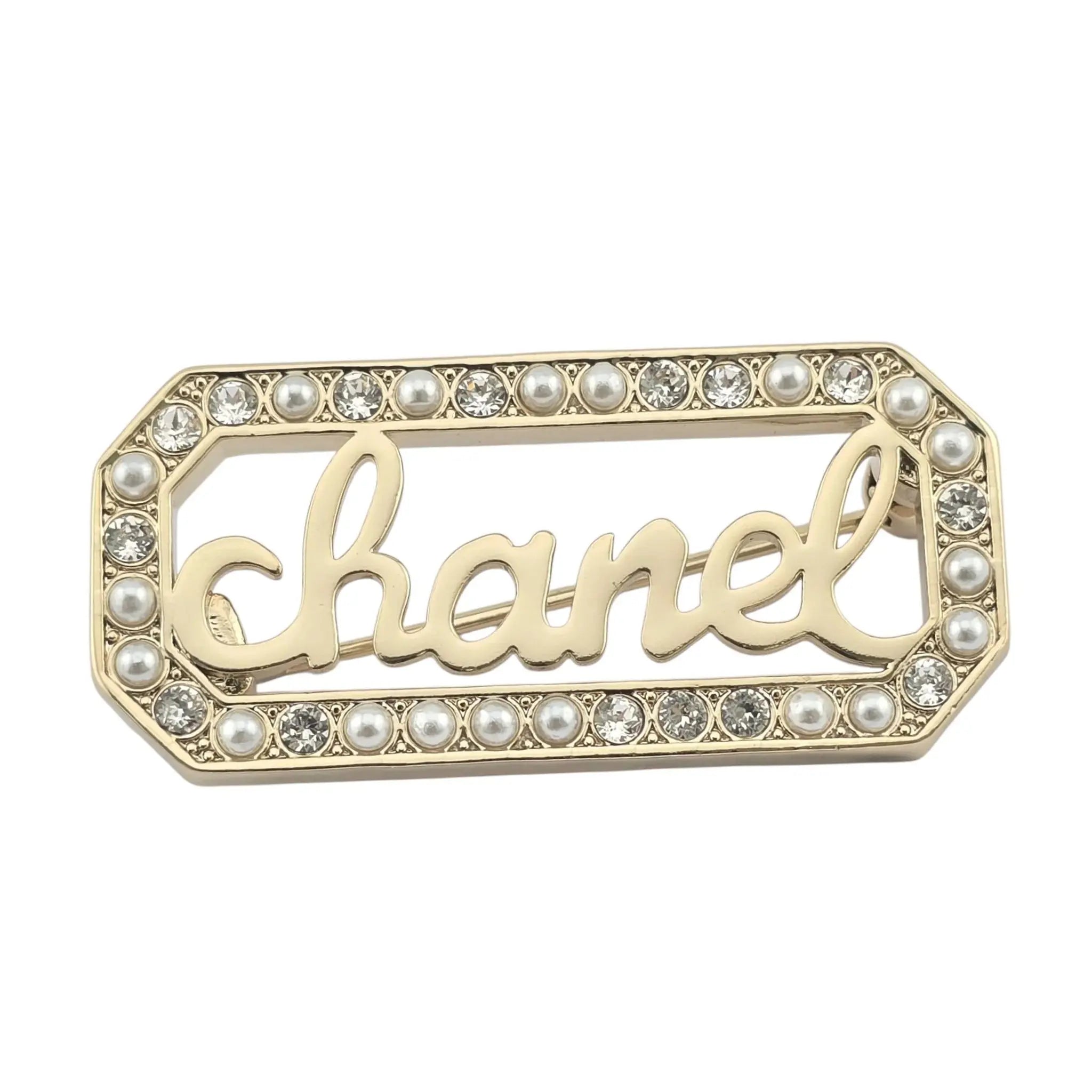Chanel Logo Crystal Pearl Brooch 2023 CHANEL