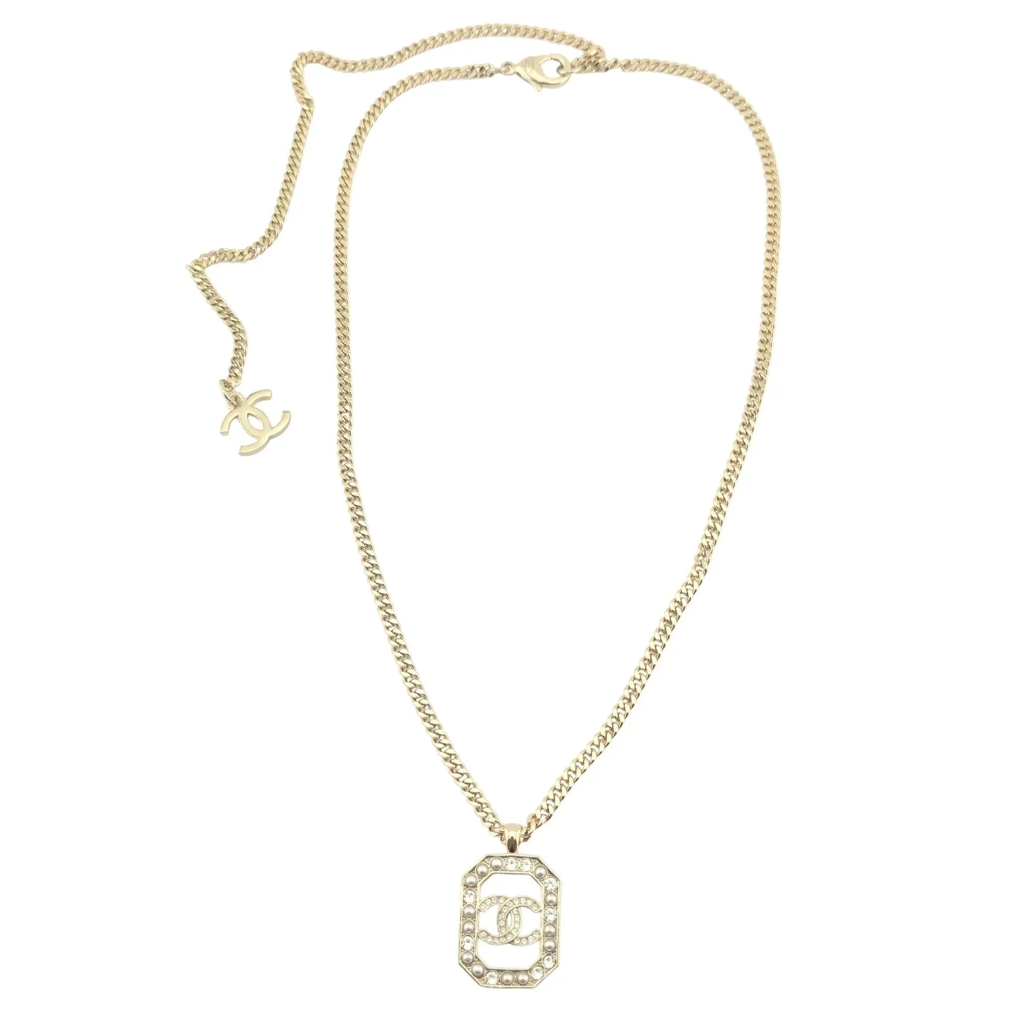 Chanel CC Crystal Pearl Square Pendant Necklace Gold 2023 CHANEL