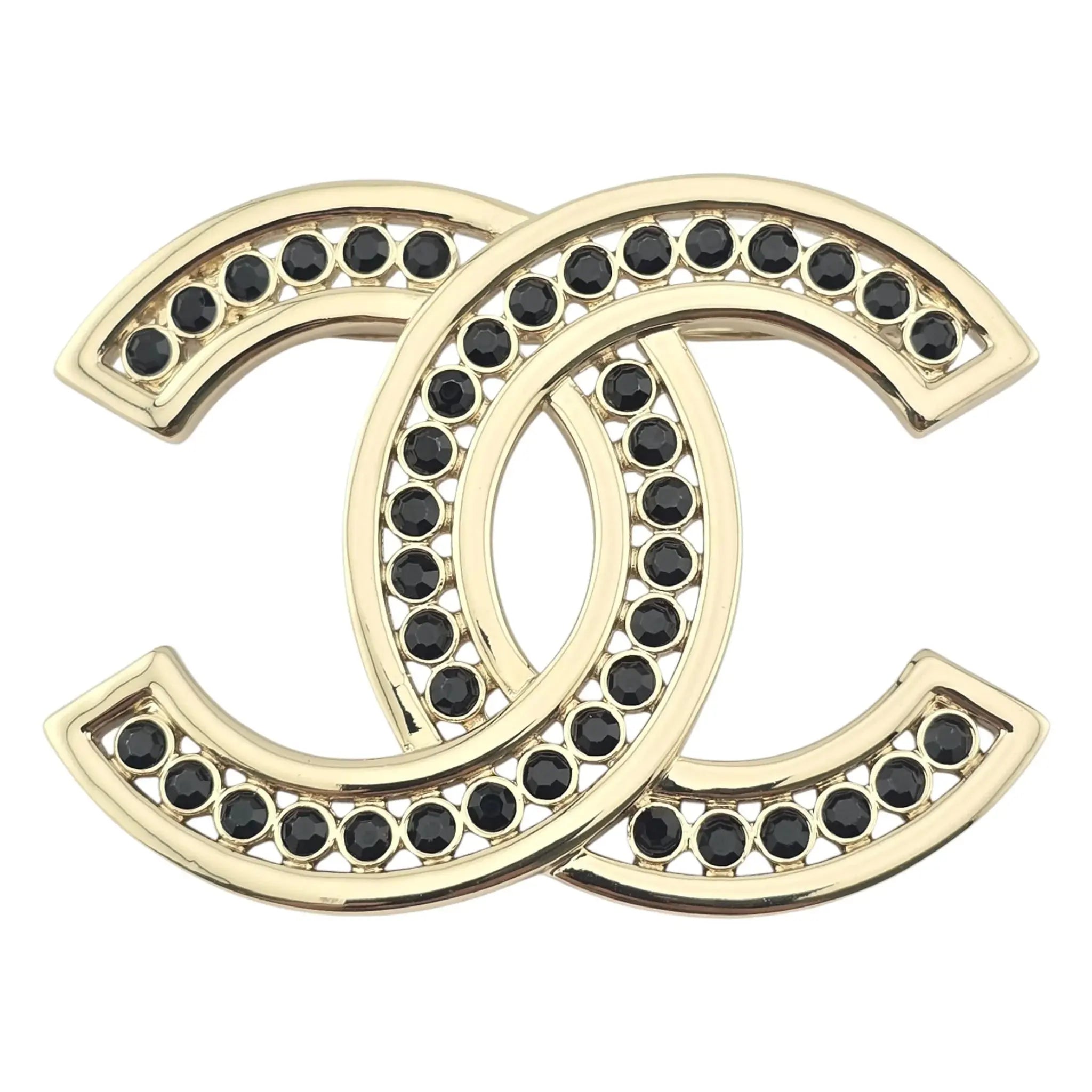 Chanel CC Metal Crystal Brooch Gold Black CHANEL