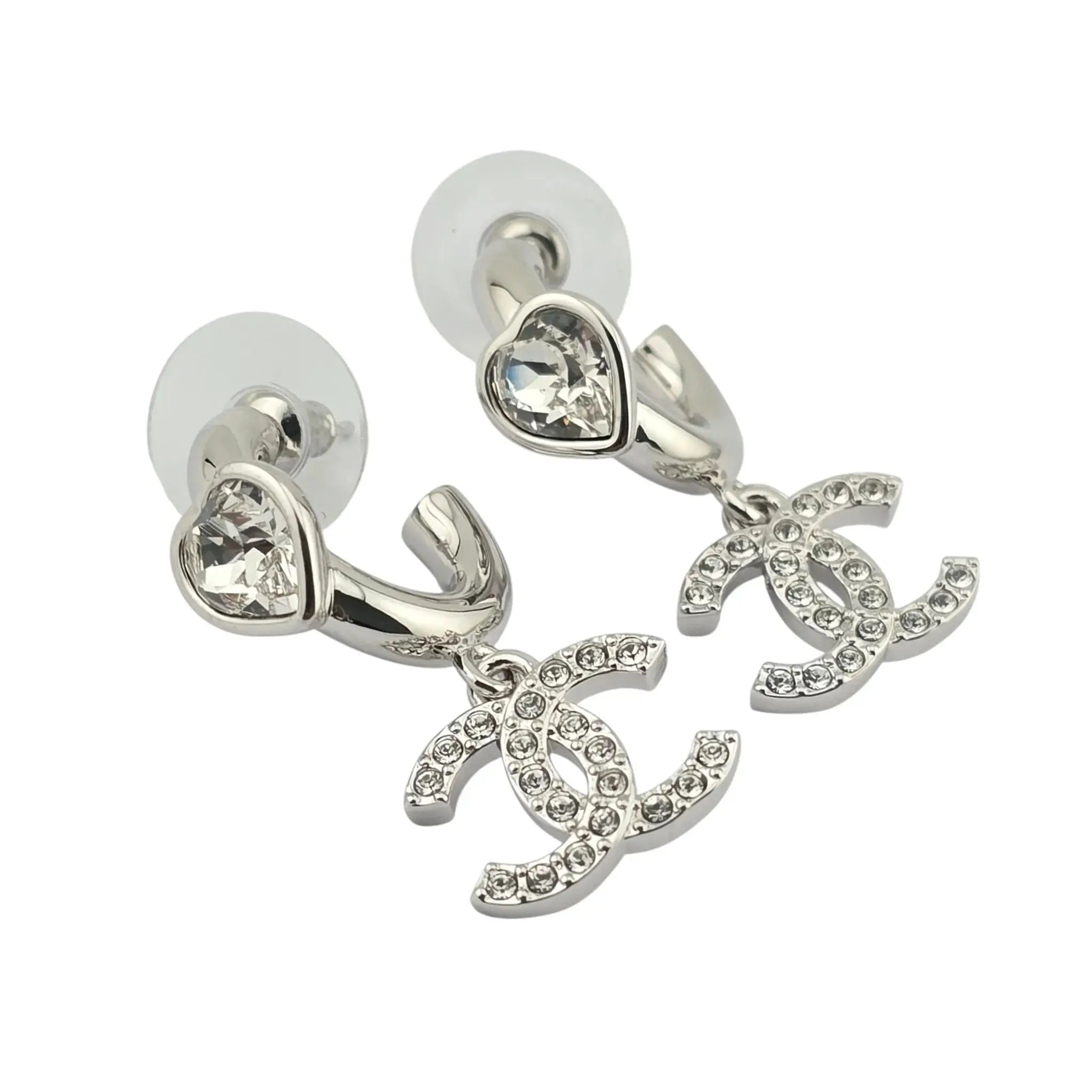 Chanel CC Crystal Heart Drop Silver Earrings 2025 CHANEL