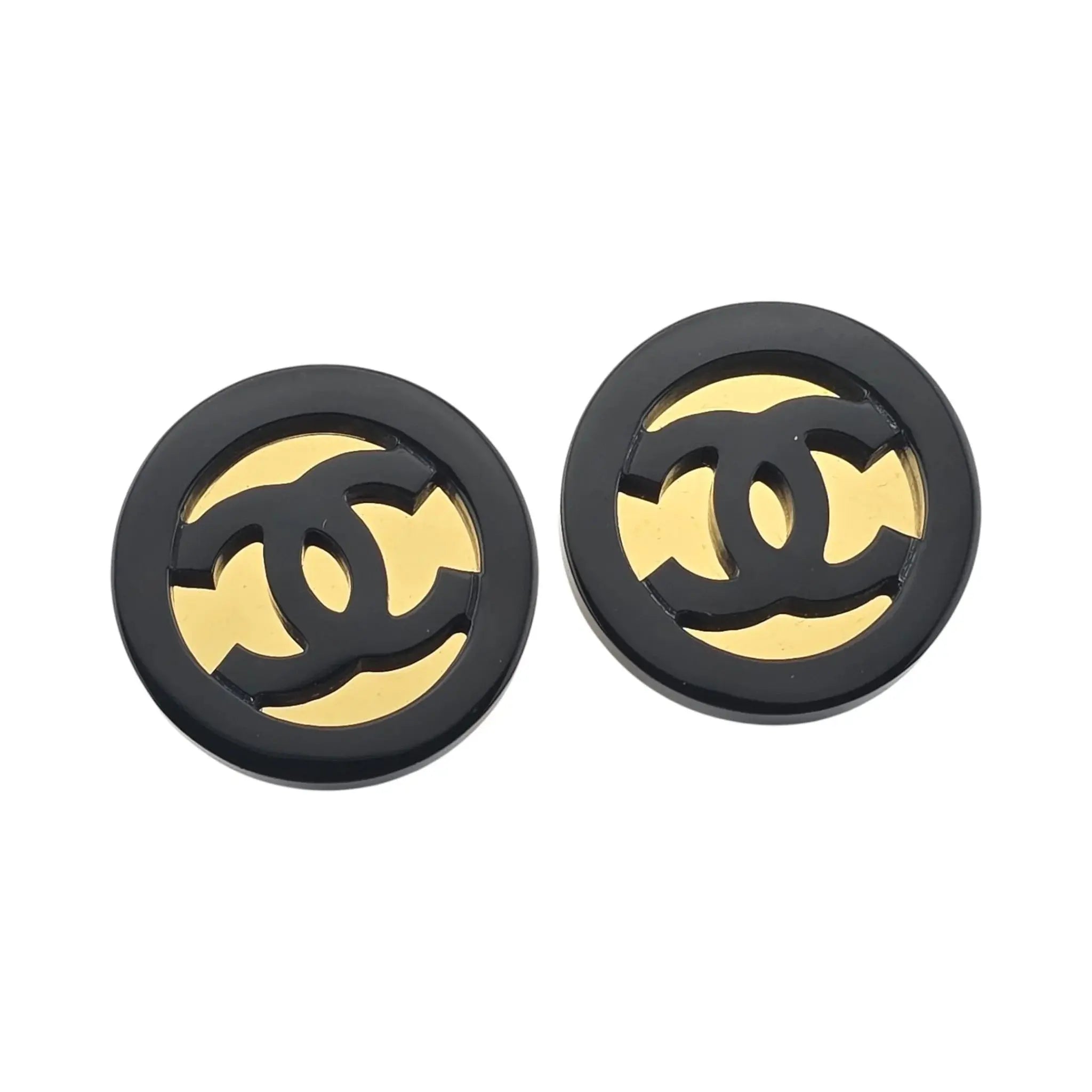 Chanel CC Resin Round Earrings Gold Black 2024 CHANEL