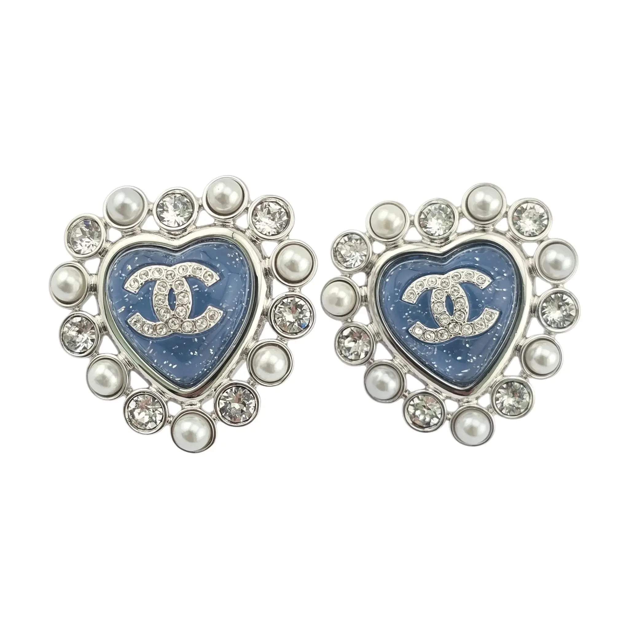 Chanel CC Silver Blue Heart Crystal Faux Pearl Earrings 2025 CHANEL