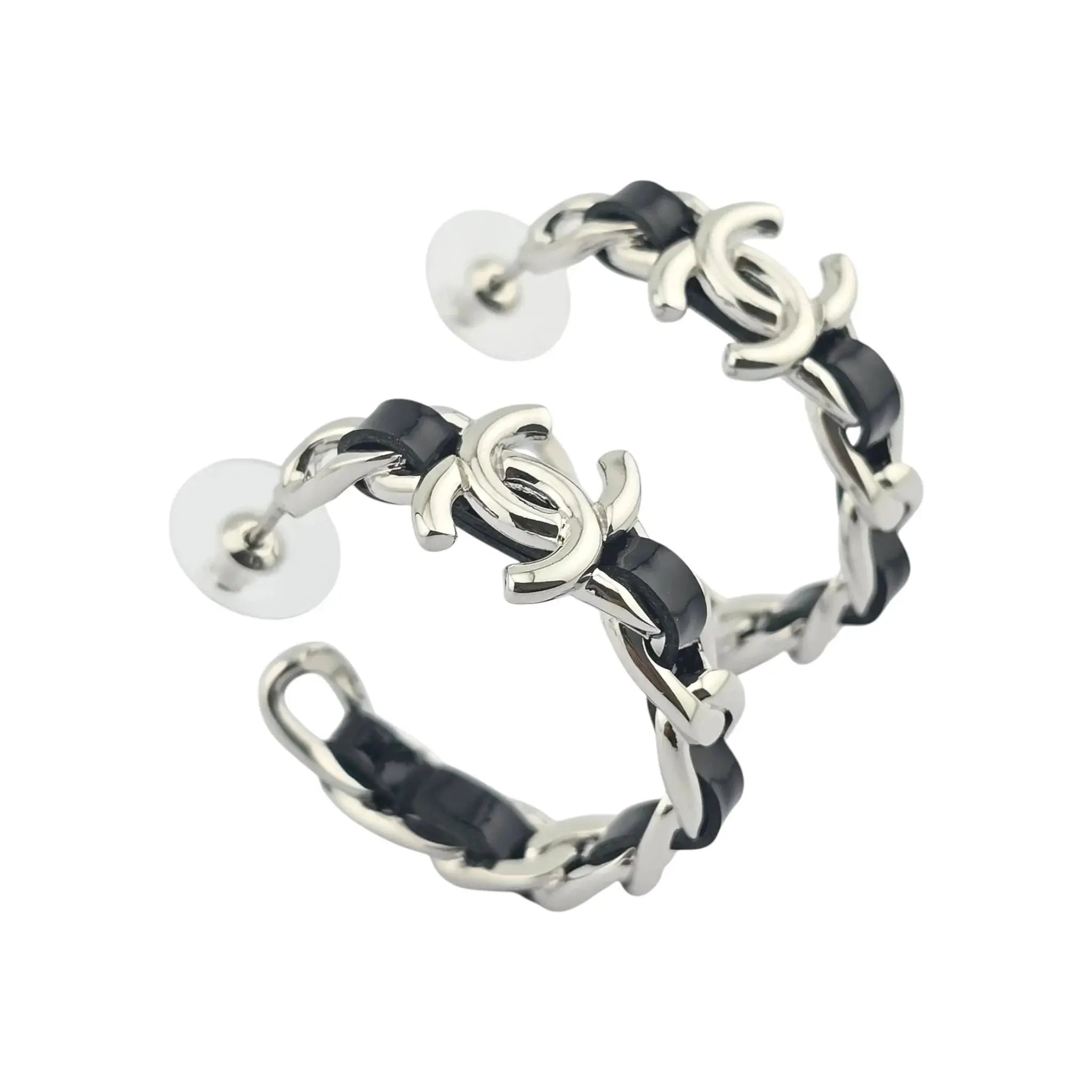 Chanel CC Leather Black Hoop Earrings 2025 CHANEL
