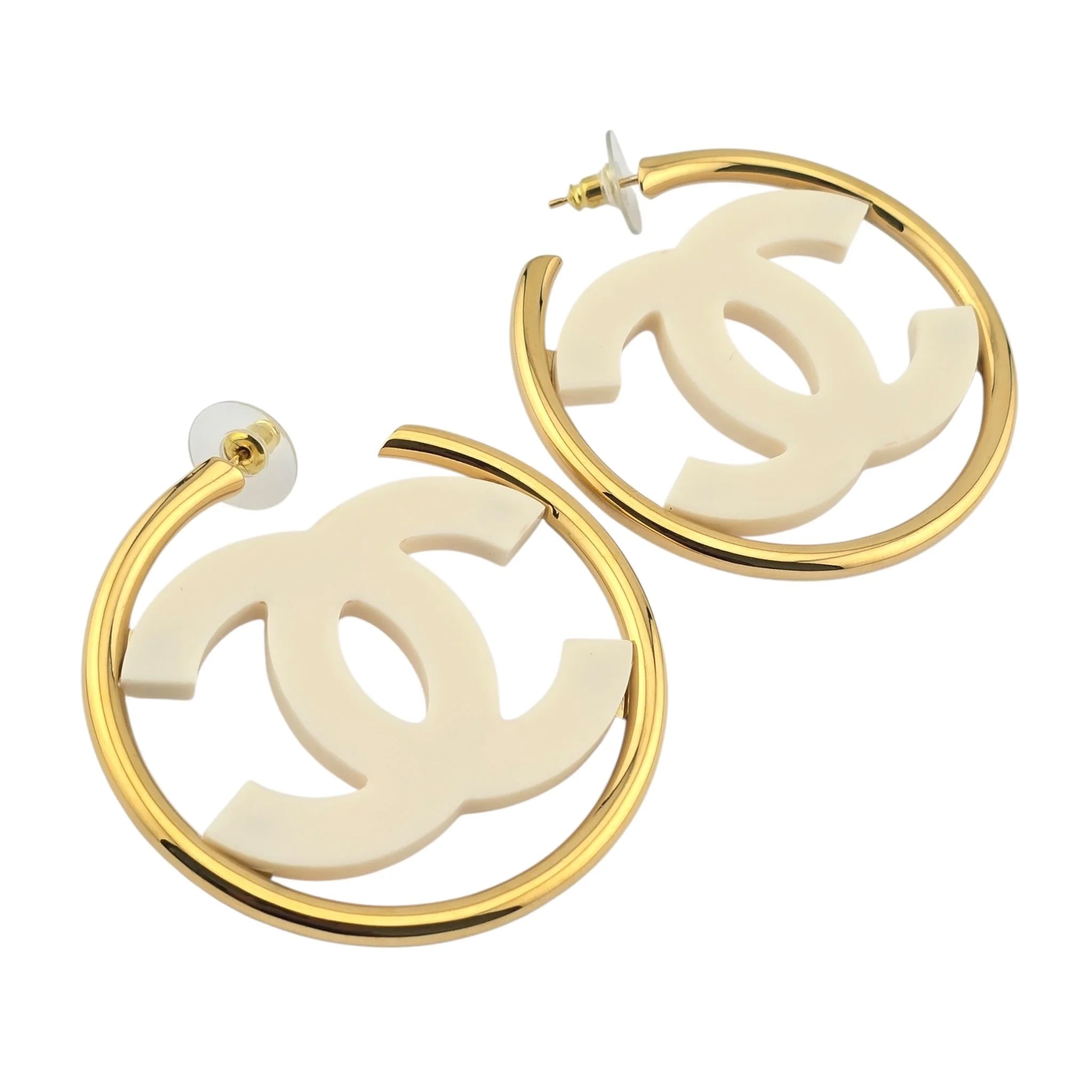 Chanel CC White/Gold Hoop Earrings B24 CHANEL